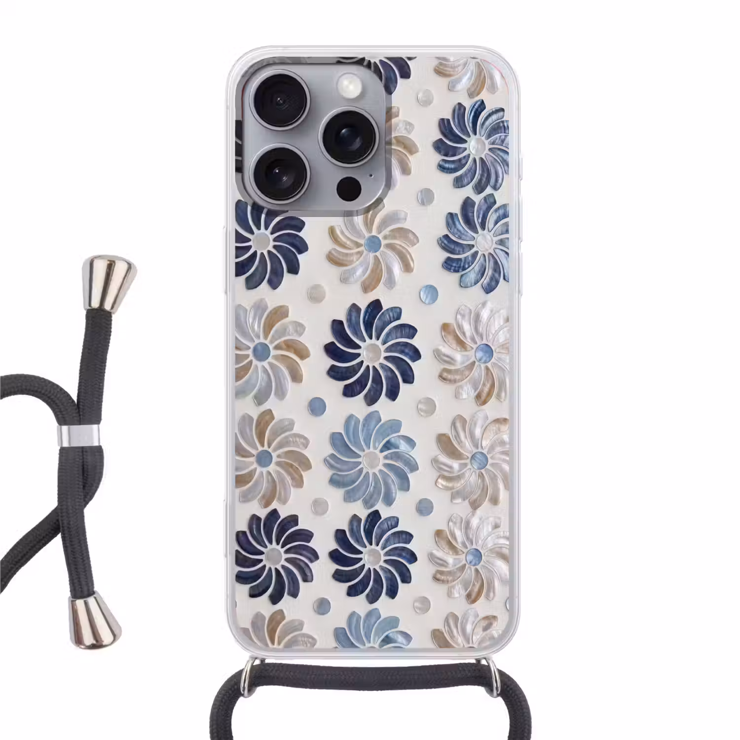 Bloemen - Parelmoer - Abstract - Patroon - Blauw Hoesje iPhone 16 Pro Max met koord klein -3d