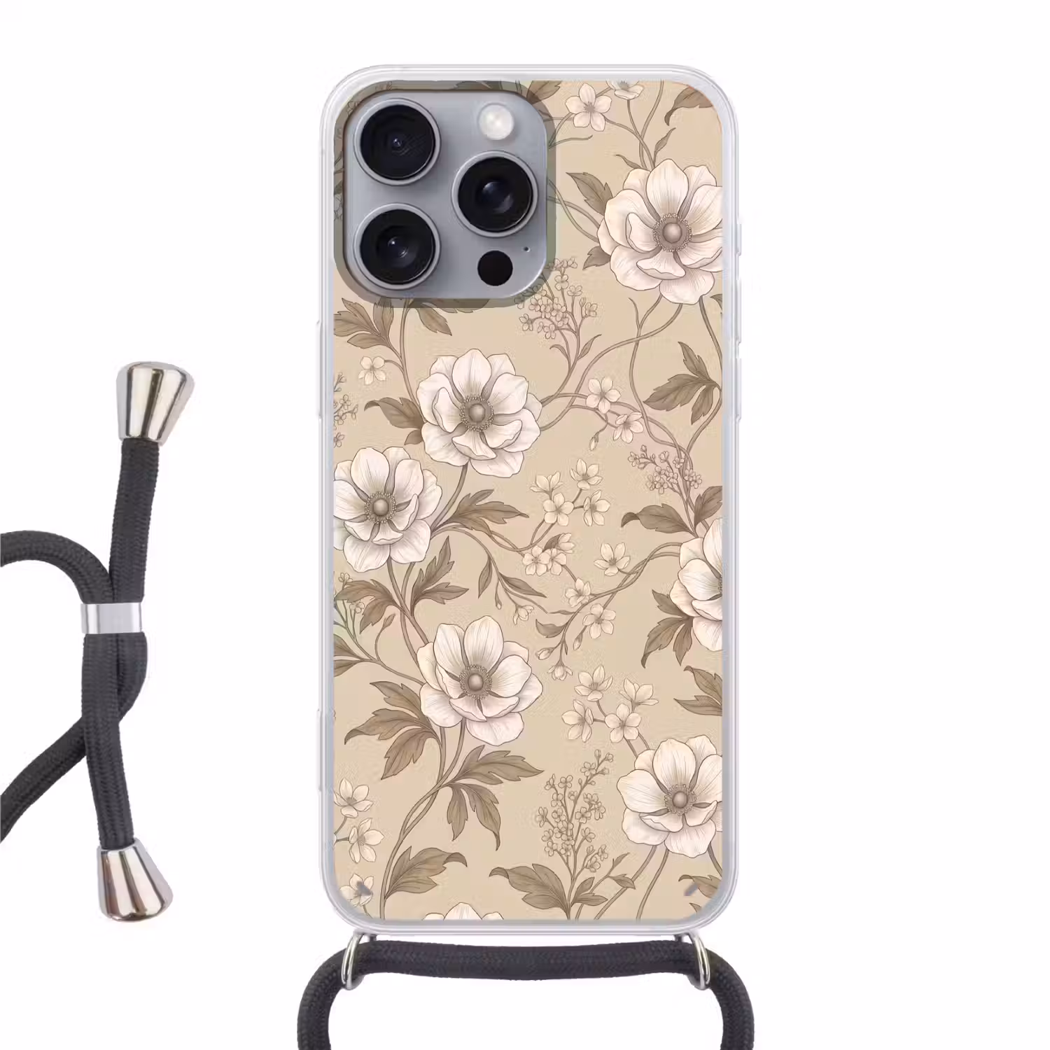Bloemen - Patroon - Beige Hoesje iPhone 16 Pro Max met koord klein -3d