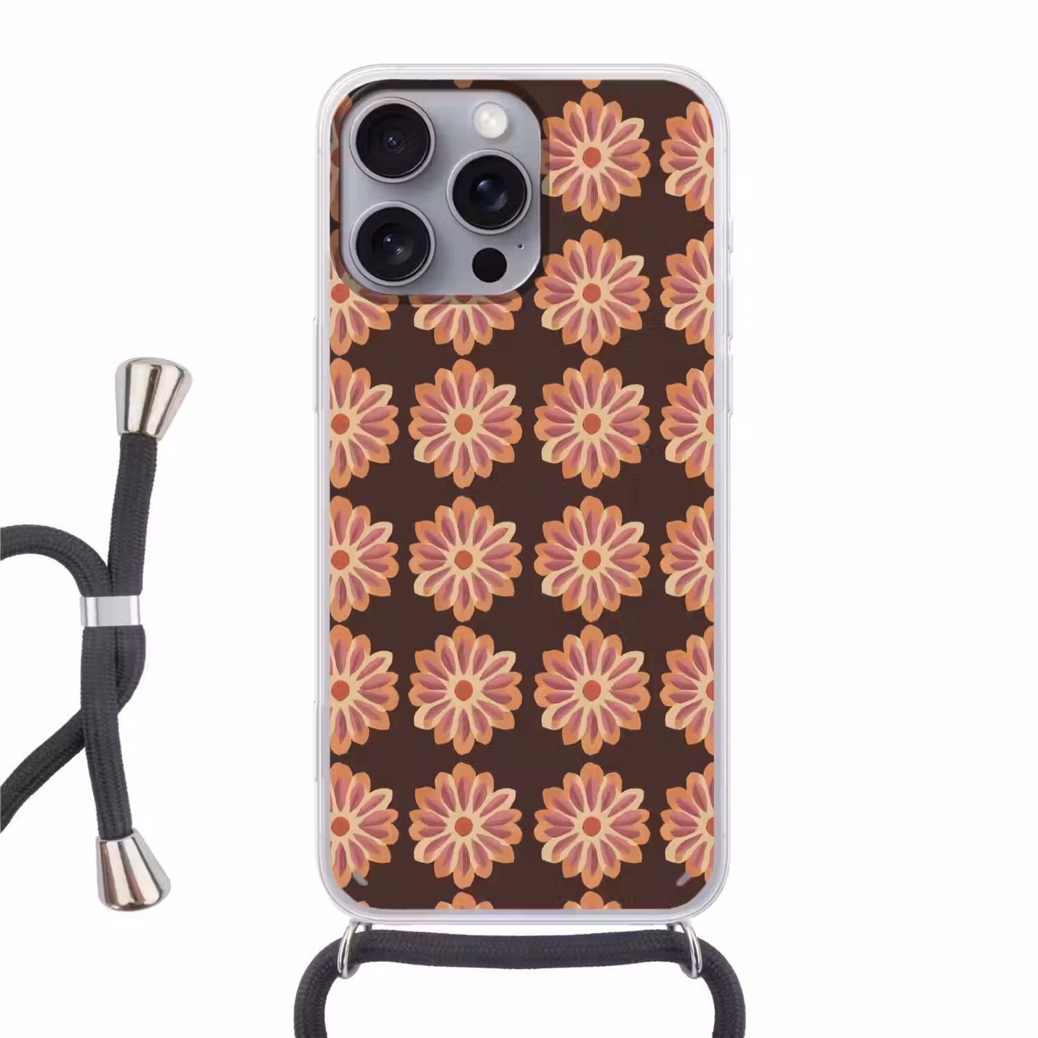 Bloemen - Patroon - Bruin Hoesje iPhone 16 Pro Max met koord klein 804 -3d
