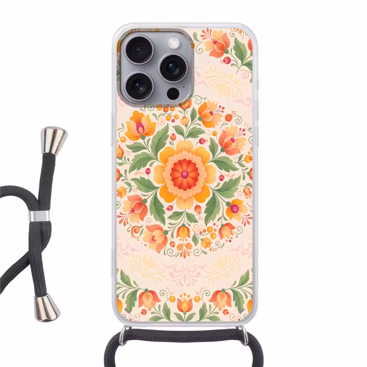 Bloemen - Patroon - Decoratief - Oranje Hoesje iPhone 16 Pro Max met koord klein -3d