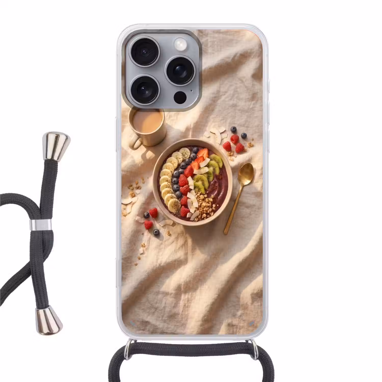Eten - Ontbijtkom - Fruit - Gezond - Kleurrijk Hoesje iPhone 16 Pro Max met koord klein -3d
