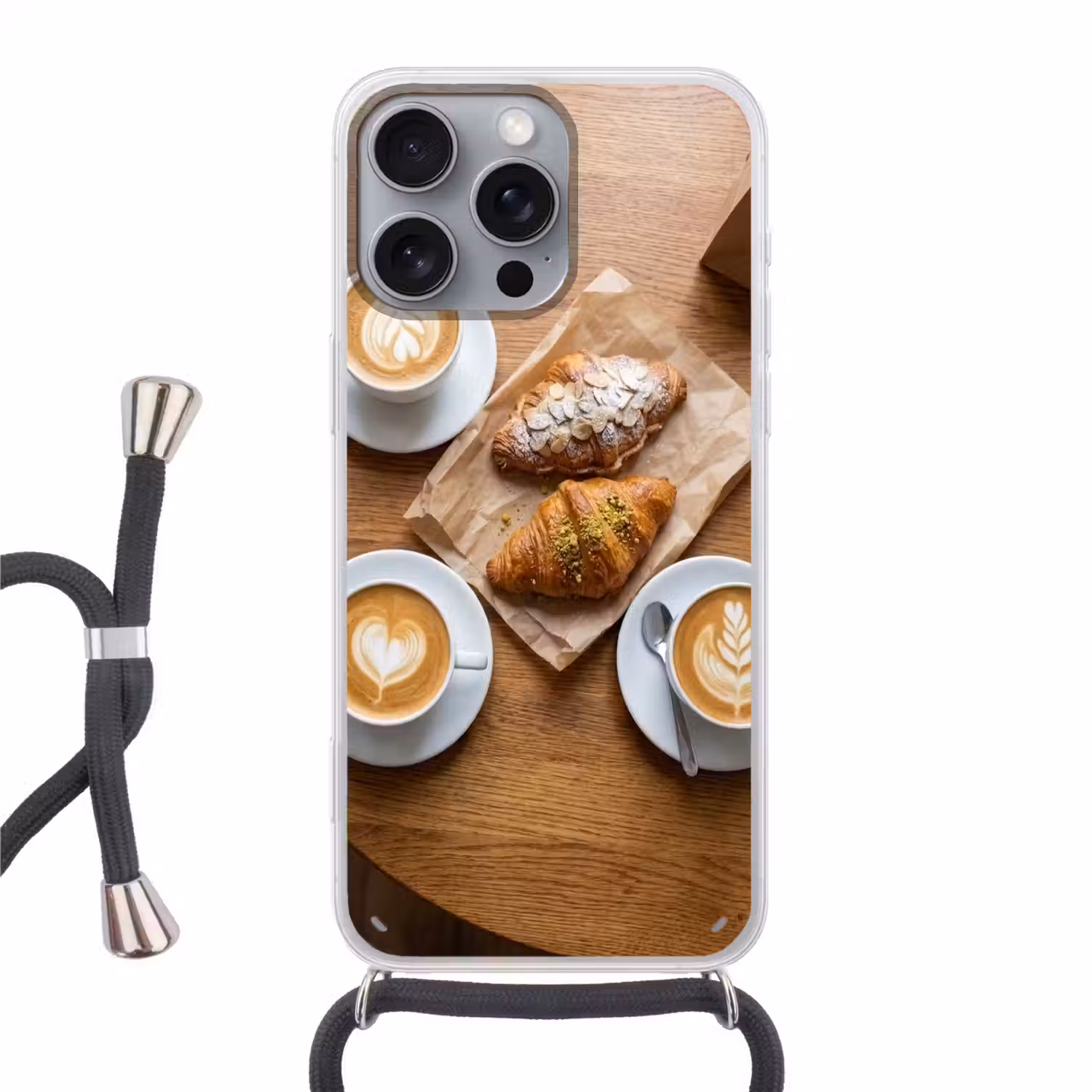 Eten - Croissant - Koffie - Ontbijt - Modern Hoesje iPhone 16 Pro Max met koord klein -3d