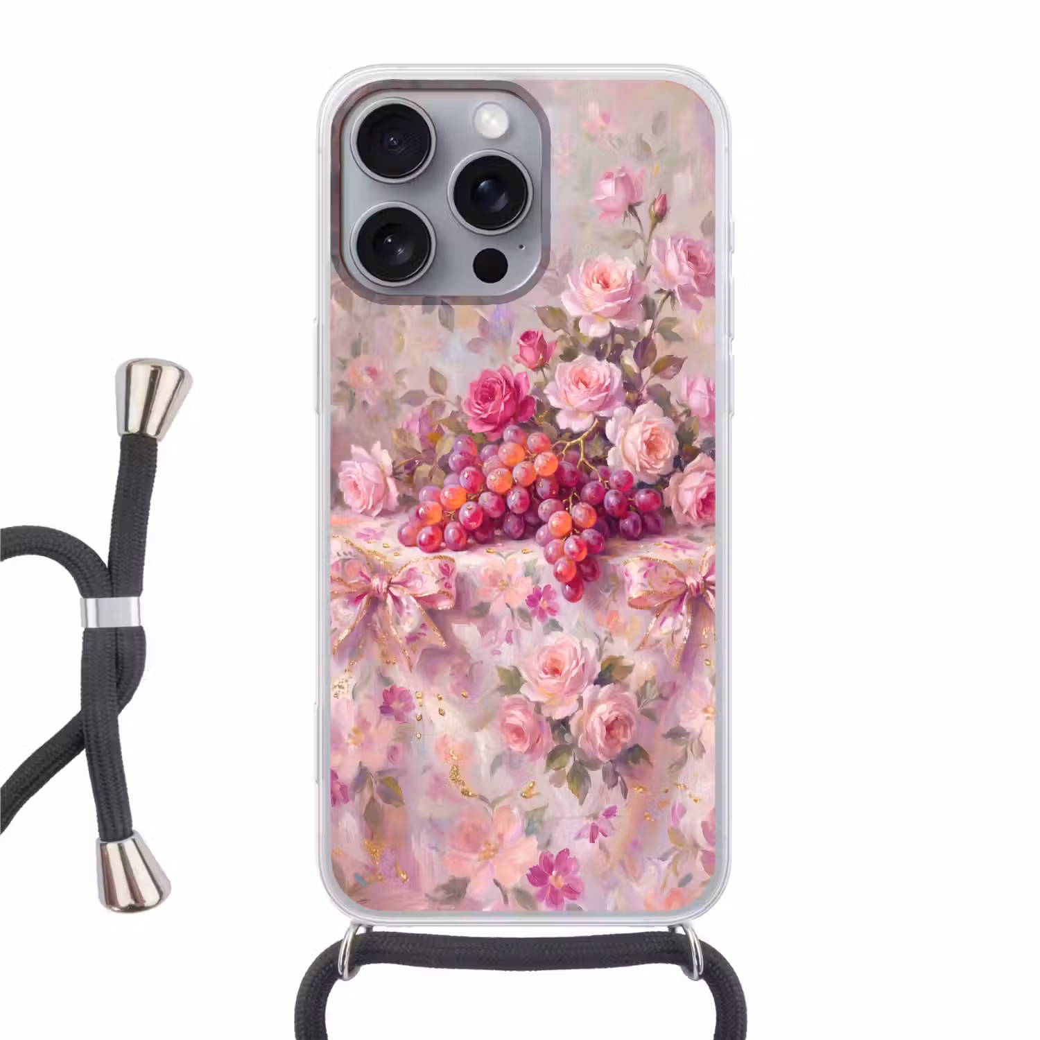 Eten - Bloemen - Stilleven - Roze - Goud Hoesje iPhone 16 Pro Max met koord klein -3d