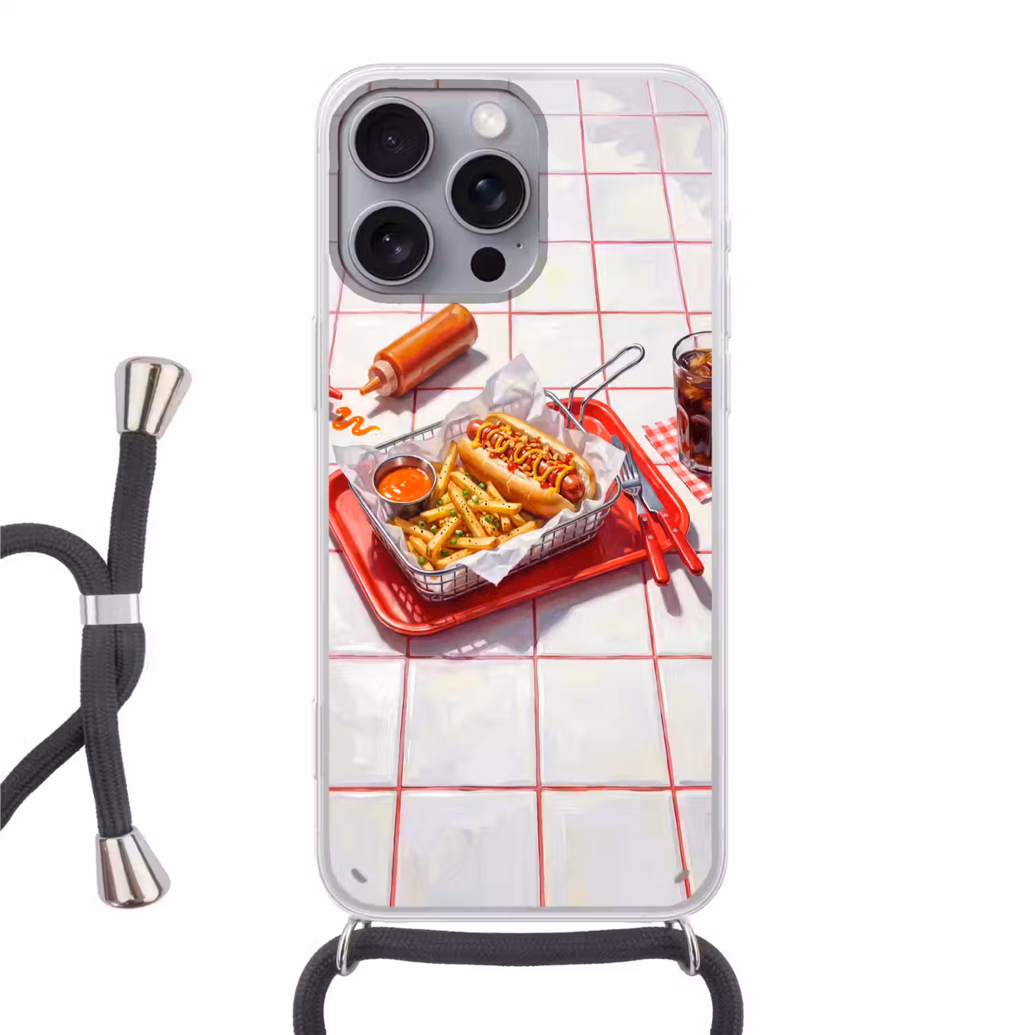 Eten - Hotdog - Fastfood - Modern - Rood Hoesje iPhone 16 Pro Max met koord klein -3d