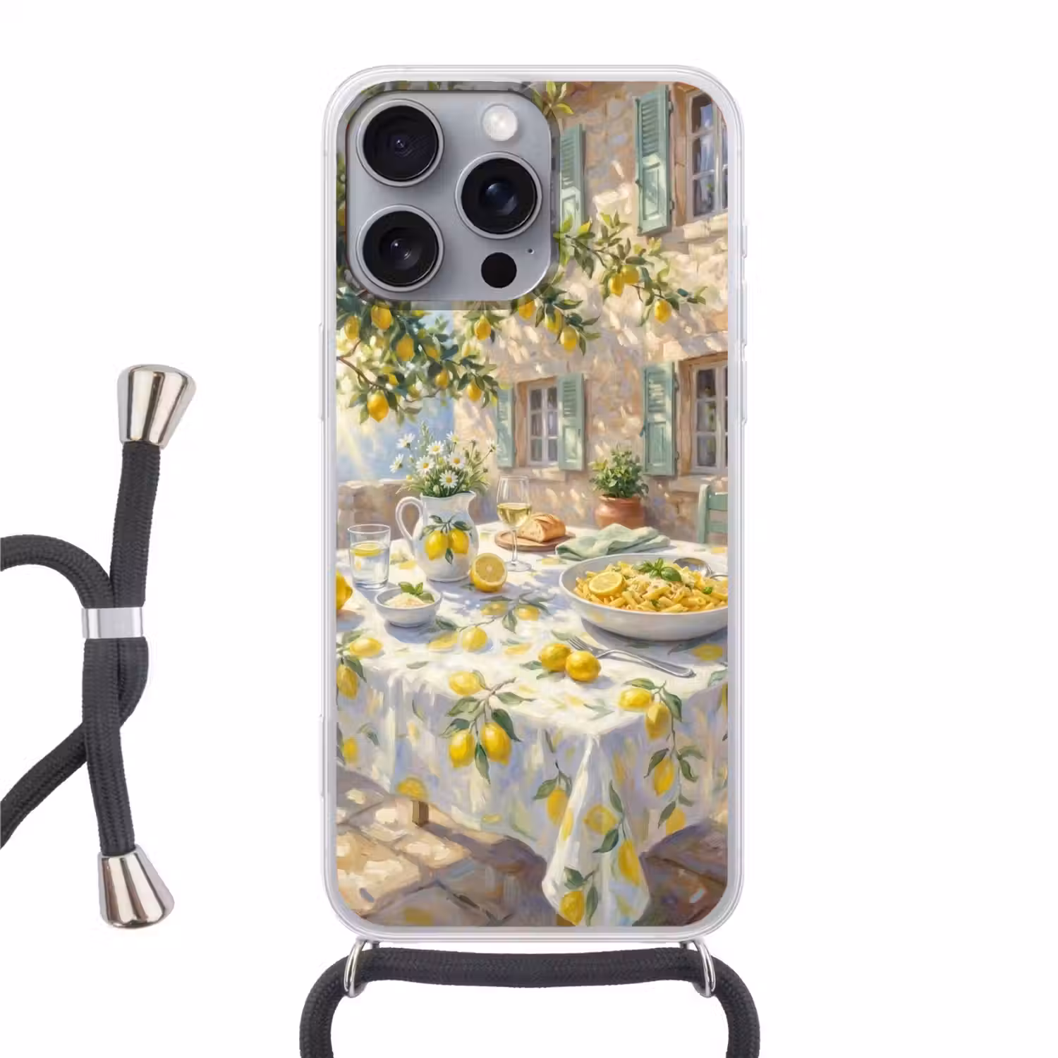 Eten - Terras - Zomer - Geschilderd - Geel Hoesje iPhone 16 Pro Max met koord klein -3d