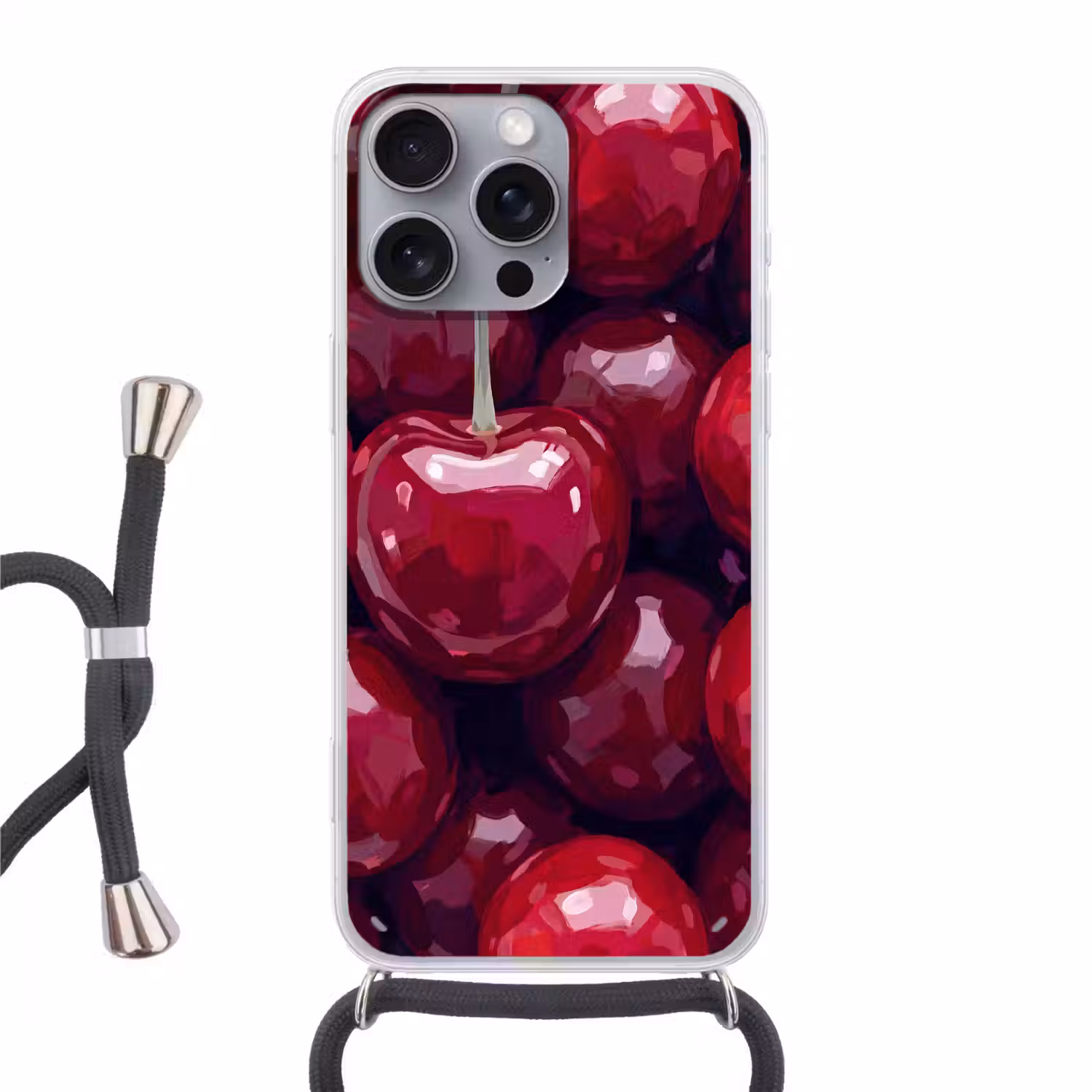 Fruit - Kersen - Eten - Modern - Rood Hoesje iPhone 16 Pro Max met koord klein -3d