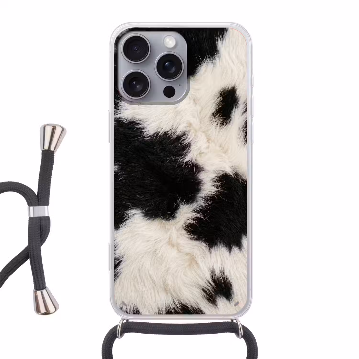 Bont - Textuur - Zwart - Wit Hoesje iPhone 16 Pro Max met koord klein -3d