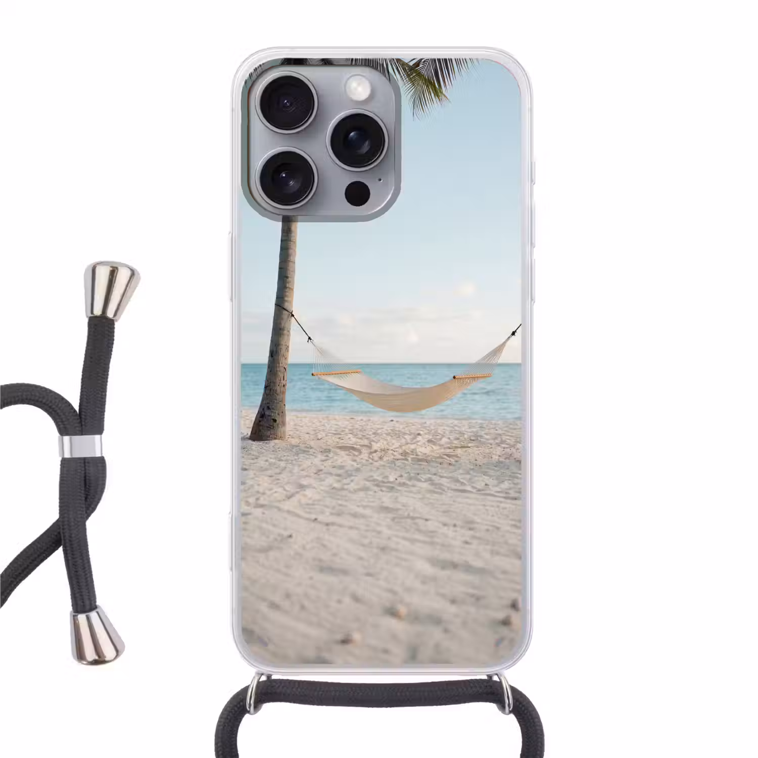Hangmat - Strand - Wit Hoesje iPhone 16 Pro Max met koord klein -3d