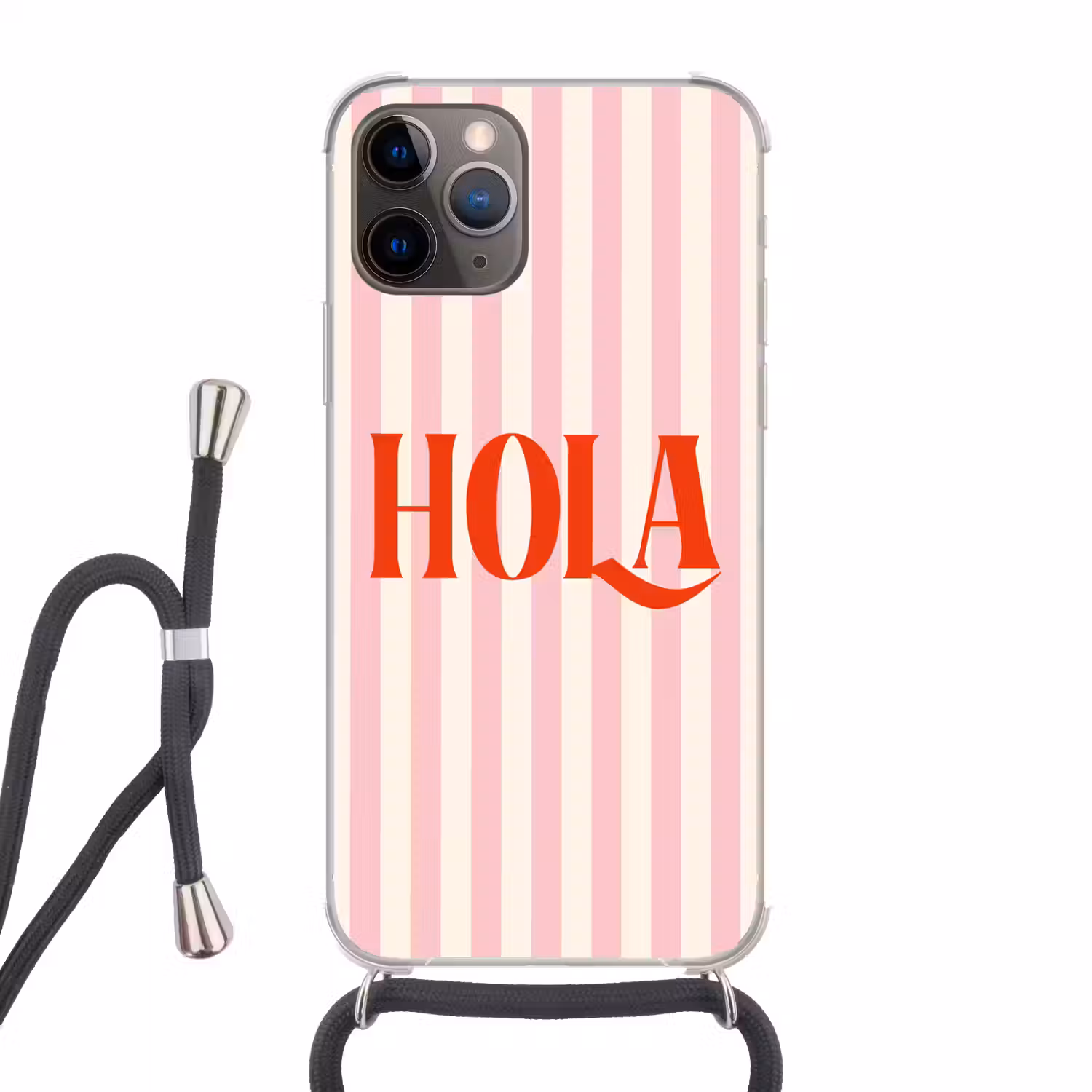 Hola - Quote - Strepen - Pastel - Roze - Rood - Wit Hoesje iPhone 12 Pro met koord klein -3d
