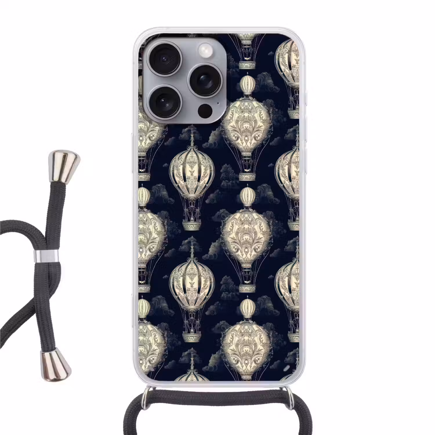 Luchtballonnen - Wolken - Patroon - Donkerblauw Hoesje iPhone 16 Pro Max met koord klein 804 -3d