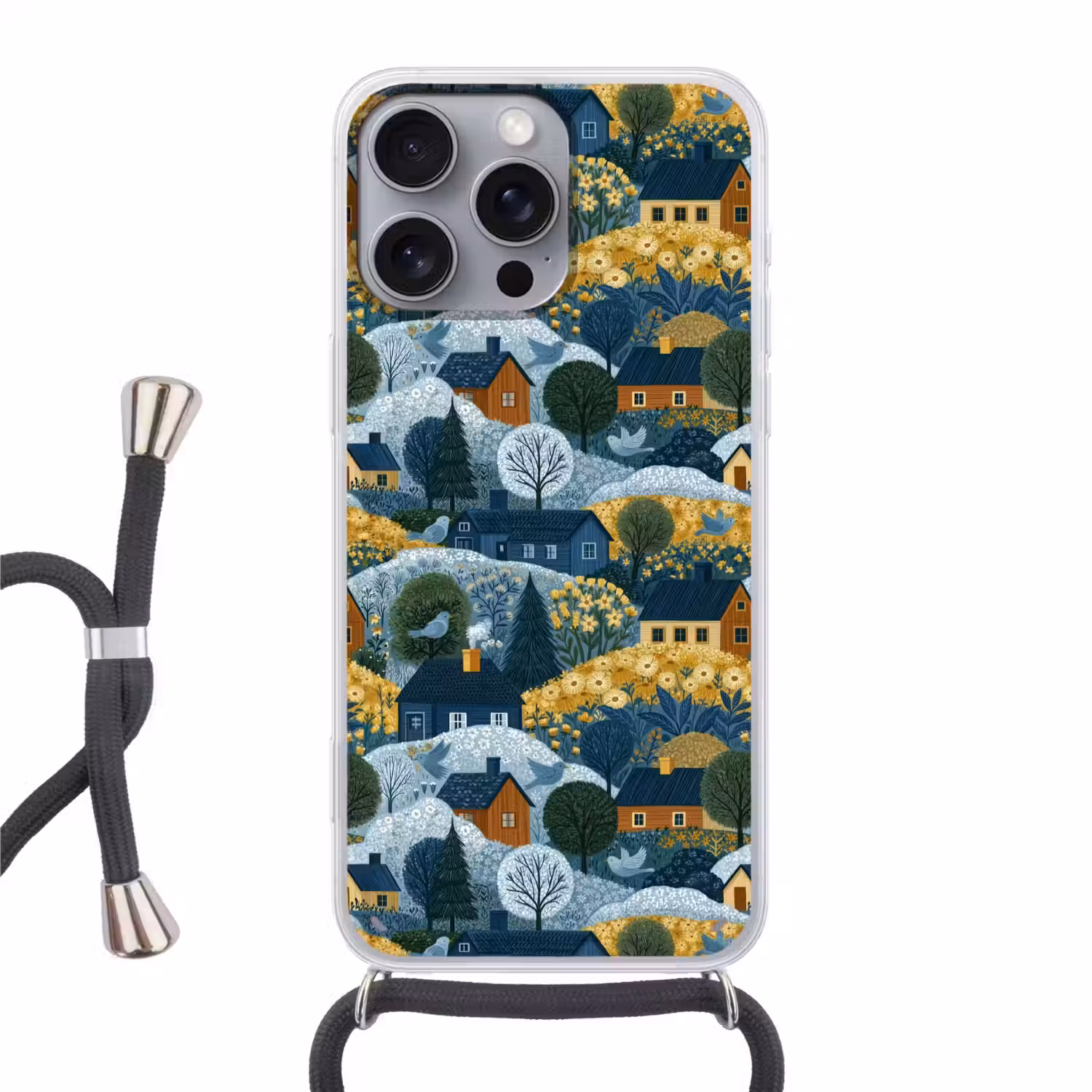 Huisjes - Bloemen - Patroon - Geel - Blauw Hoesje iPhone 16 Pro Max met koord klein 804 -3d