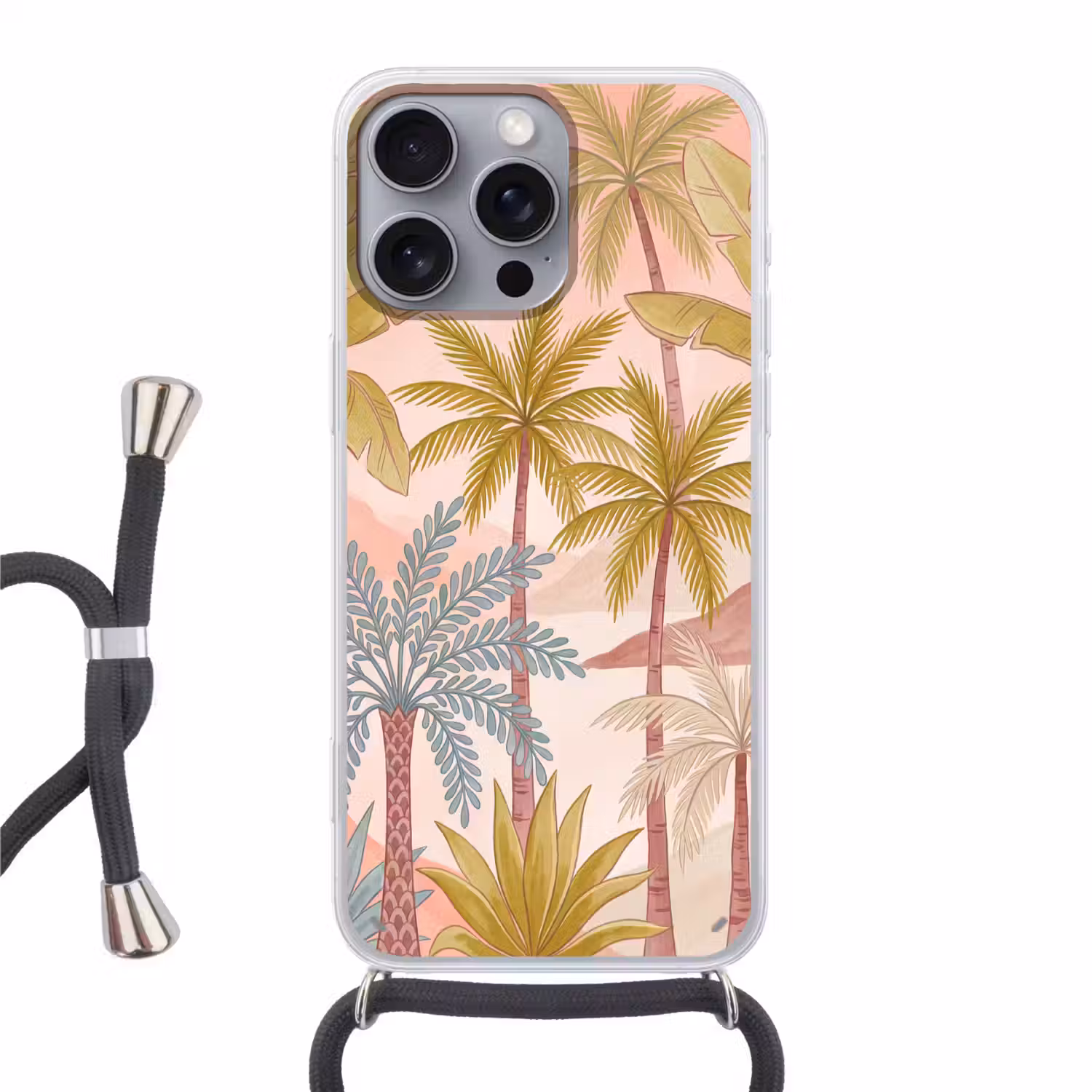 Illustratie - Palmbomen - Kleurrijk Hoesje iPhone 16 Pro Max met koord klein -3d