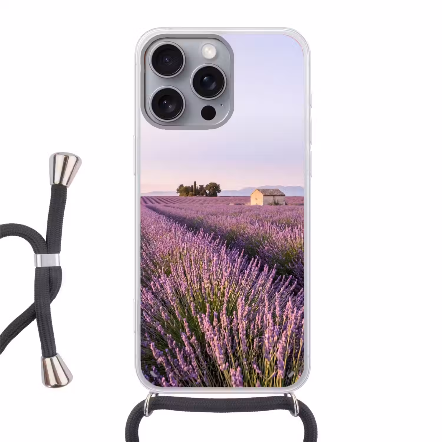 Lavendel - Landschap - Sereen - Paars Hoesje iPhone 16 Pro Max met koord klein -3d