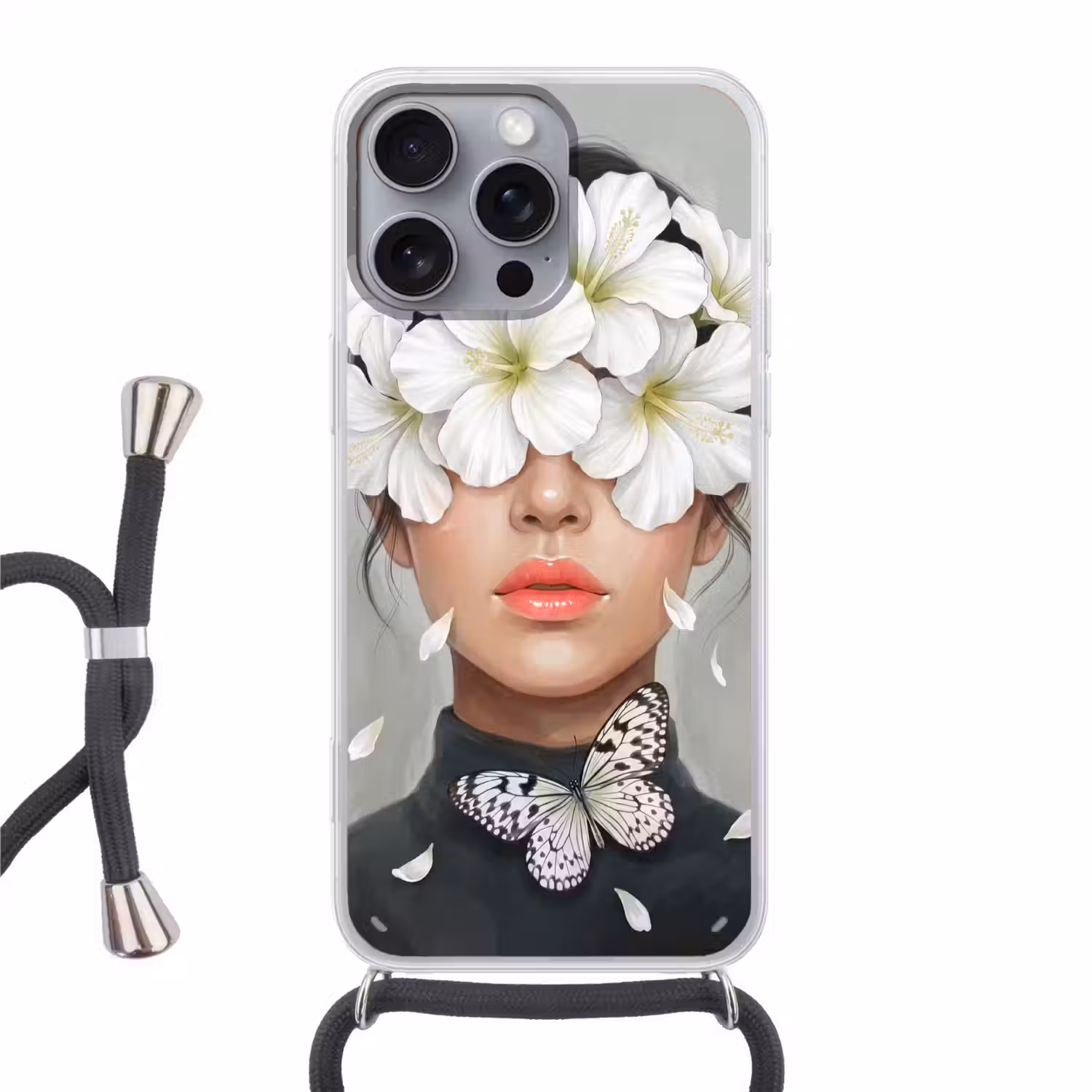 Lelies - Portret - Wit Hoesje iPhone 16 Pro Max met koord klein -3d