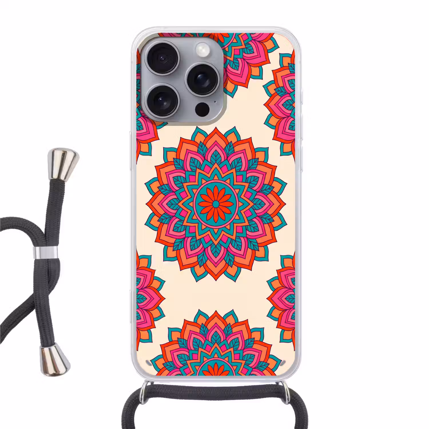 Mandala - Patroon - Abstract - Kleurrijk - Modern Hoesje iPhone 16 Pro Max met koord klein -3d