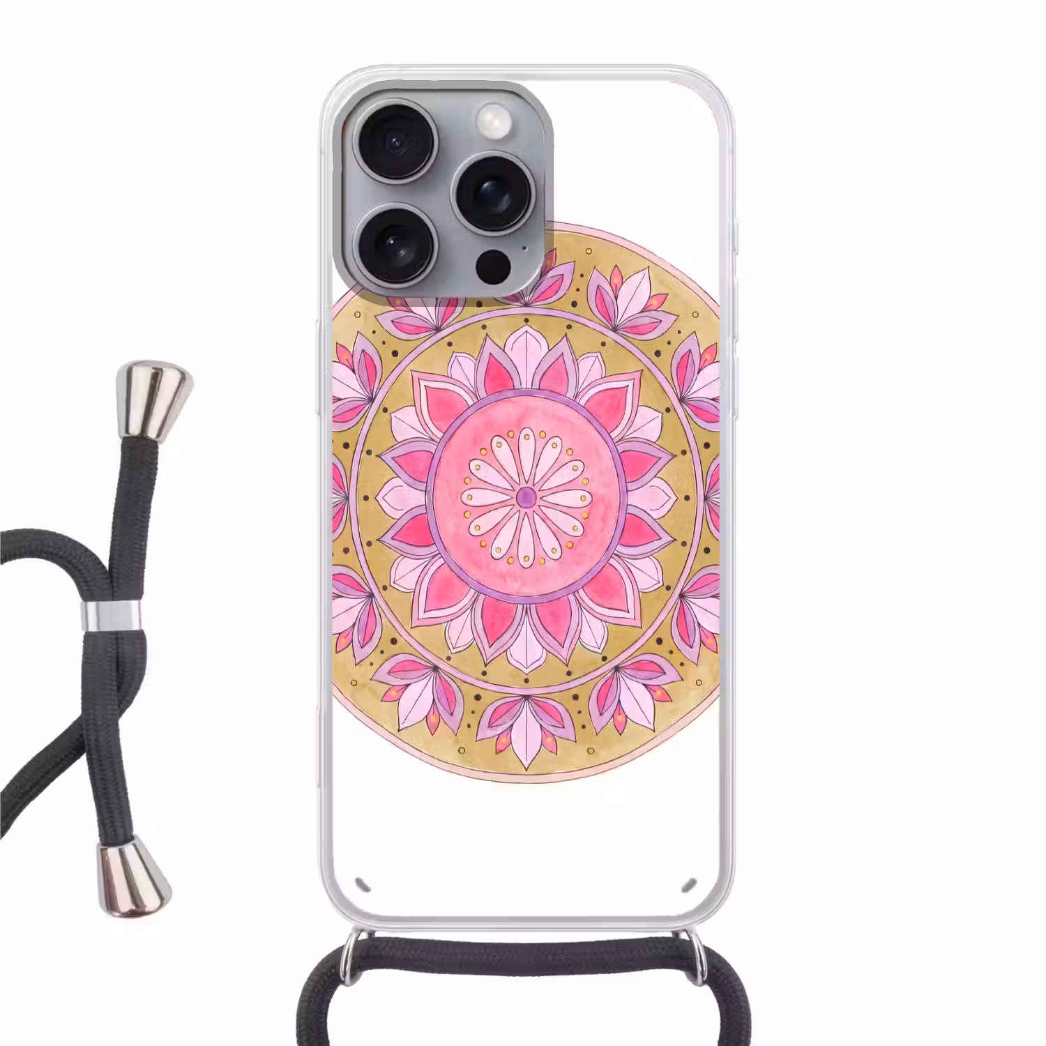 Mandala - Patroon - Kunst - Aquarel - Roze Hoesje iPhone 16 Pro Max met koord klein -3d