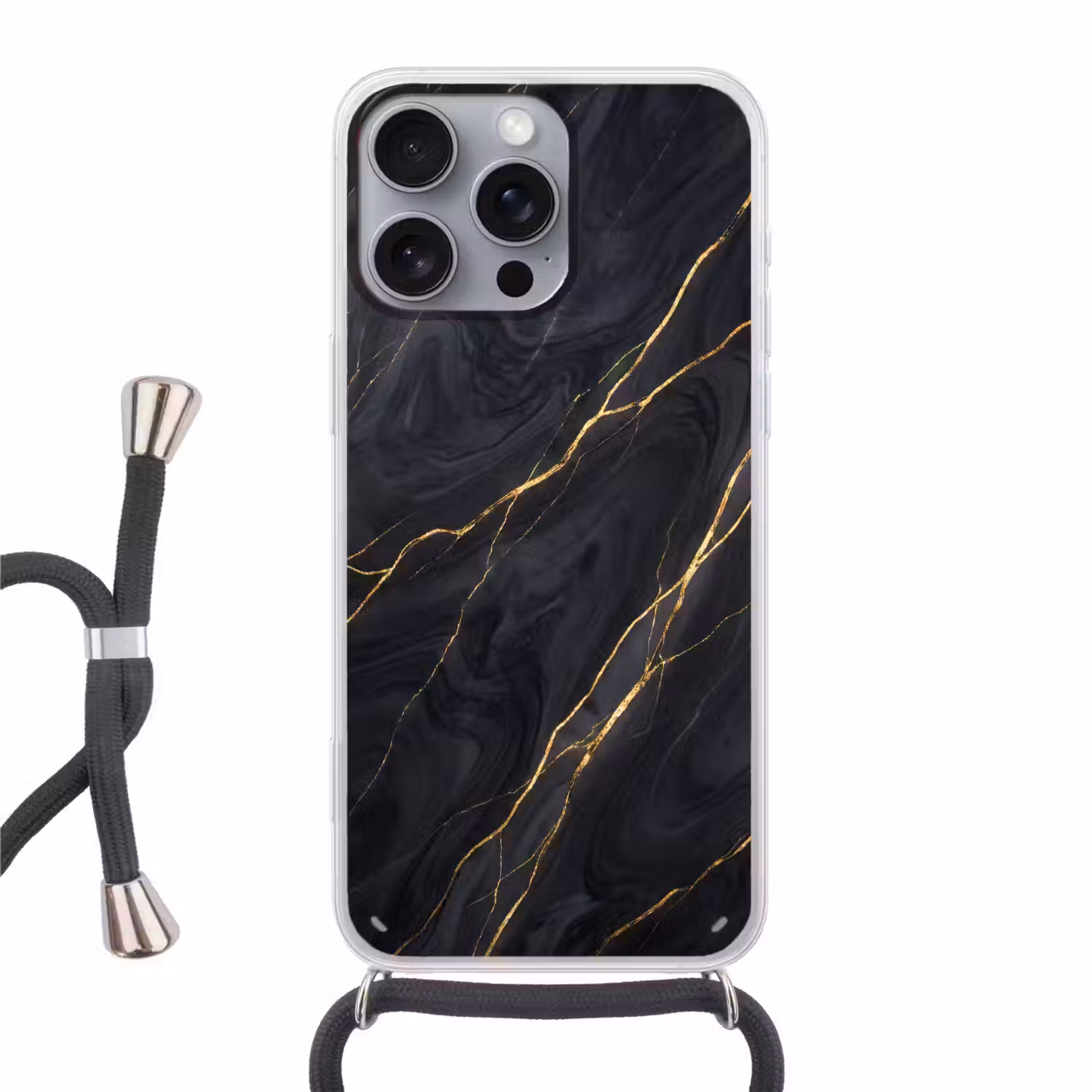 Marmer - Goudaders - Abstract - Modern - Zwart Hoesje iPhone 16 Pro Max met koord klein -3d