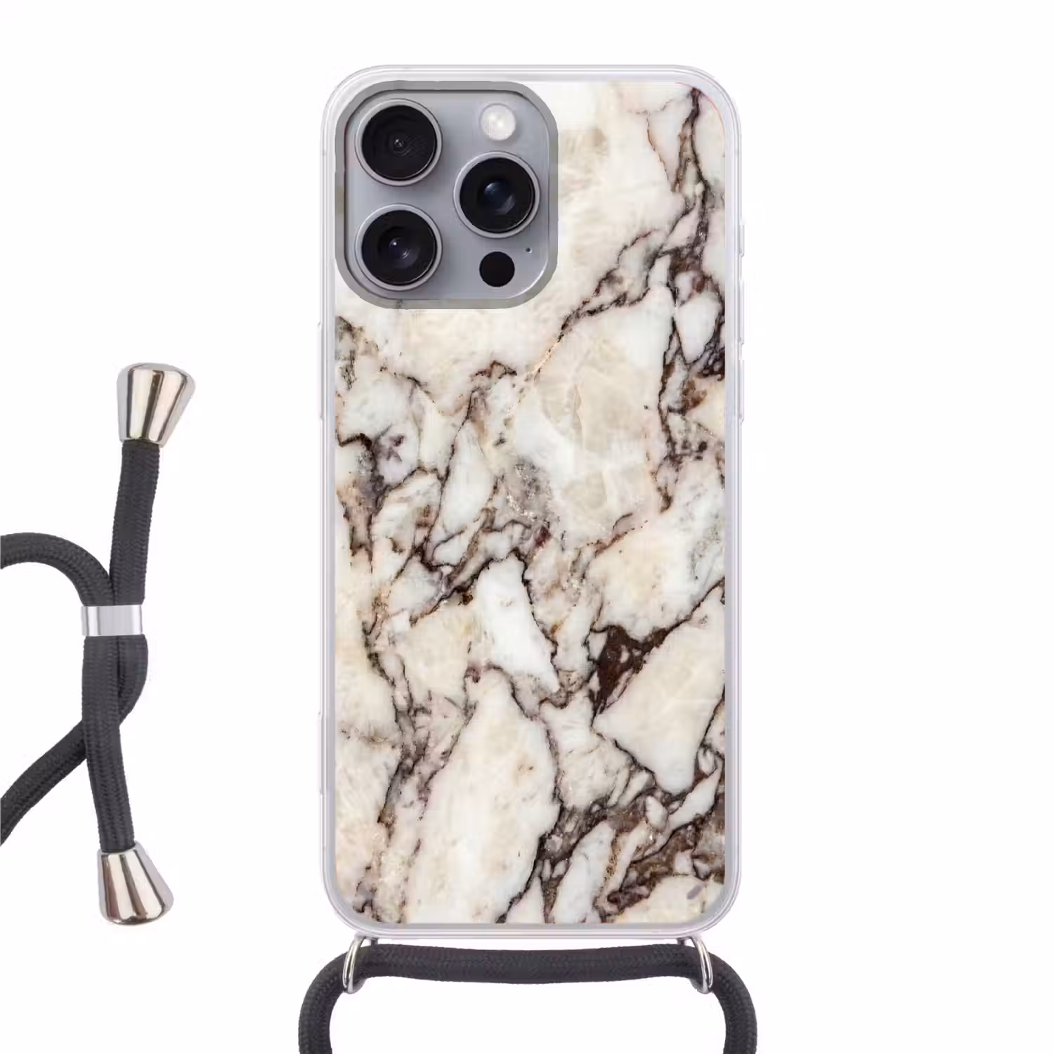 Marmer - Textuur - Abstract - Wit - Bruin Hoesje iPhone 16 Pro Max met koord klein -3d