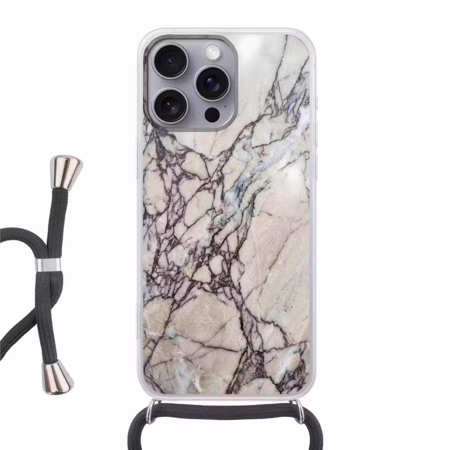 Marmer - Aderen - Patroon - Wit - Grijs Hoesje iPhone 16 Pro Max met koord klein -3d