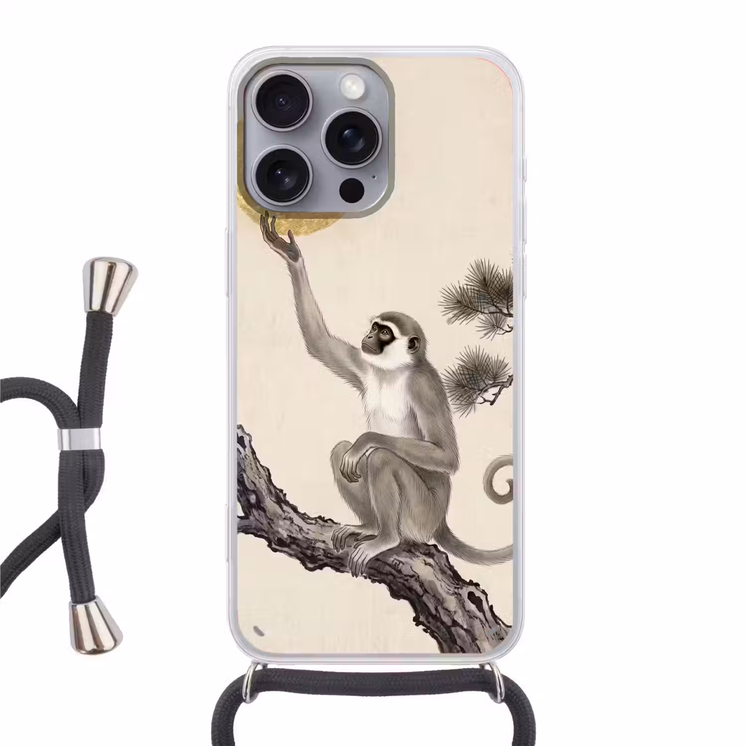 Aap - Maan - Goud Hoesje iPhone 16 Pro Max met koord klein -3d
