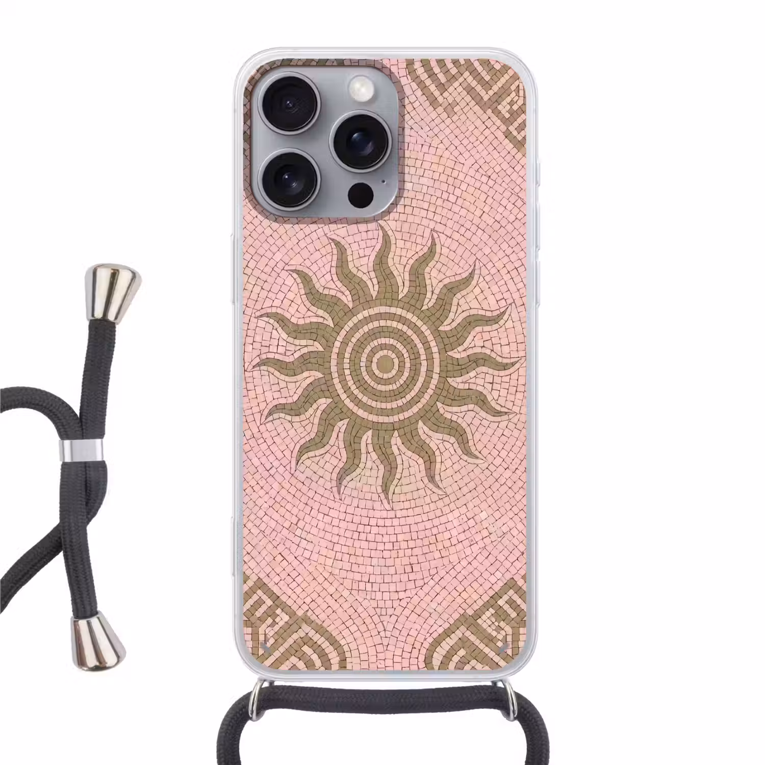 Mozaïek - Zon - Patroon - Klassiek - Roze Hoesje iPhone 16 Pro Max met koord klein -3d