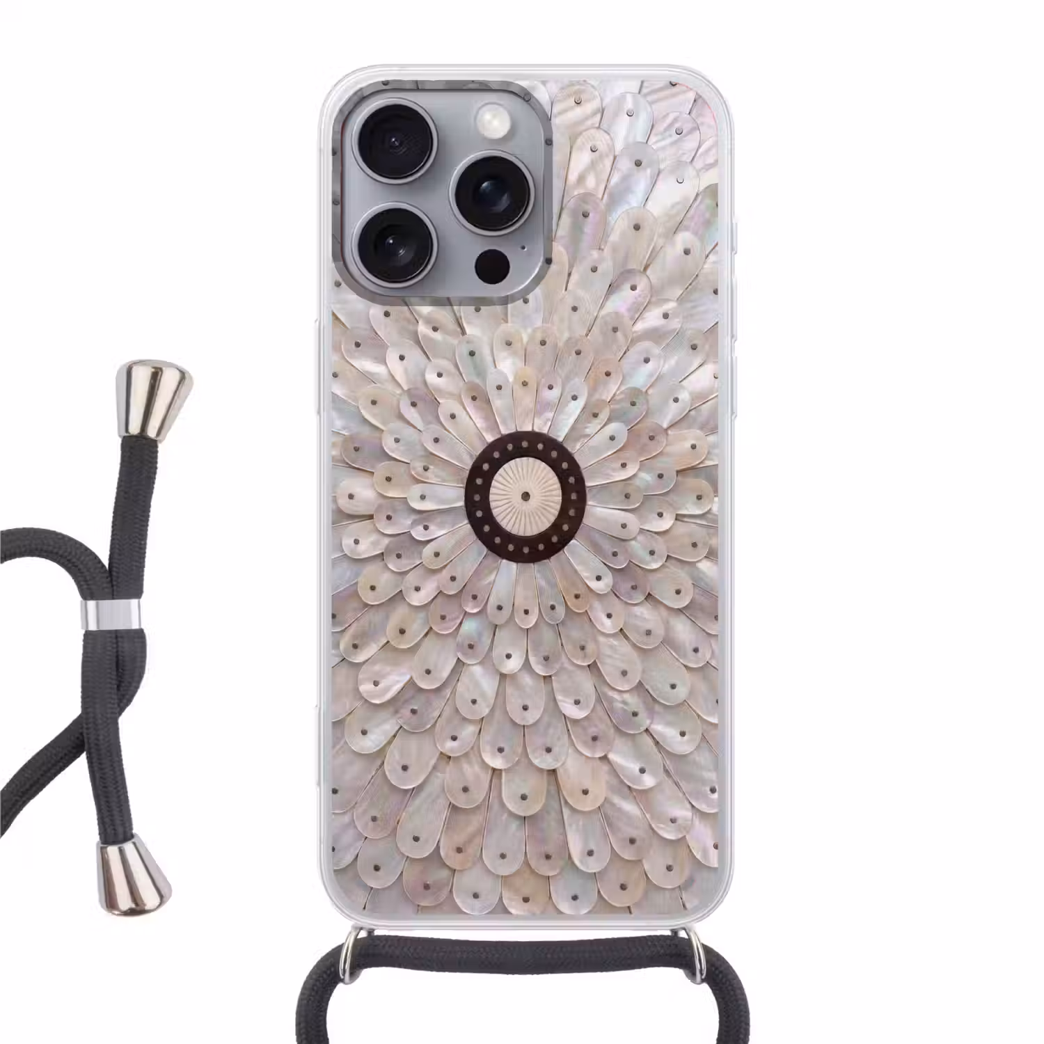 Parelmoer - Patroon - Decoratie - Ambacht - Wit Hoesje iPhone 16 Pro Max met koord klein -3d
