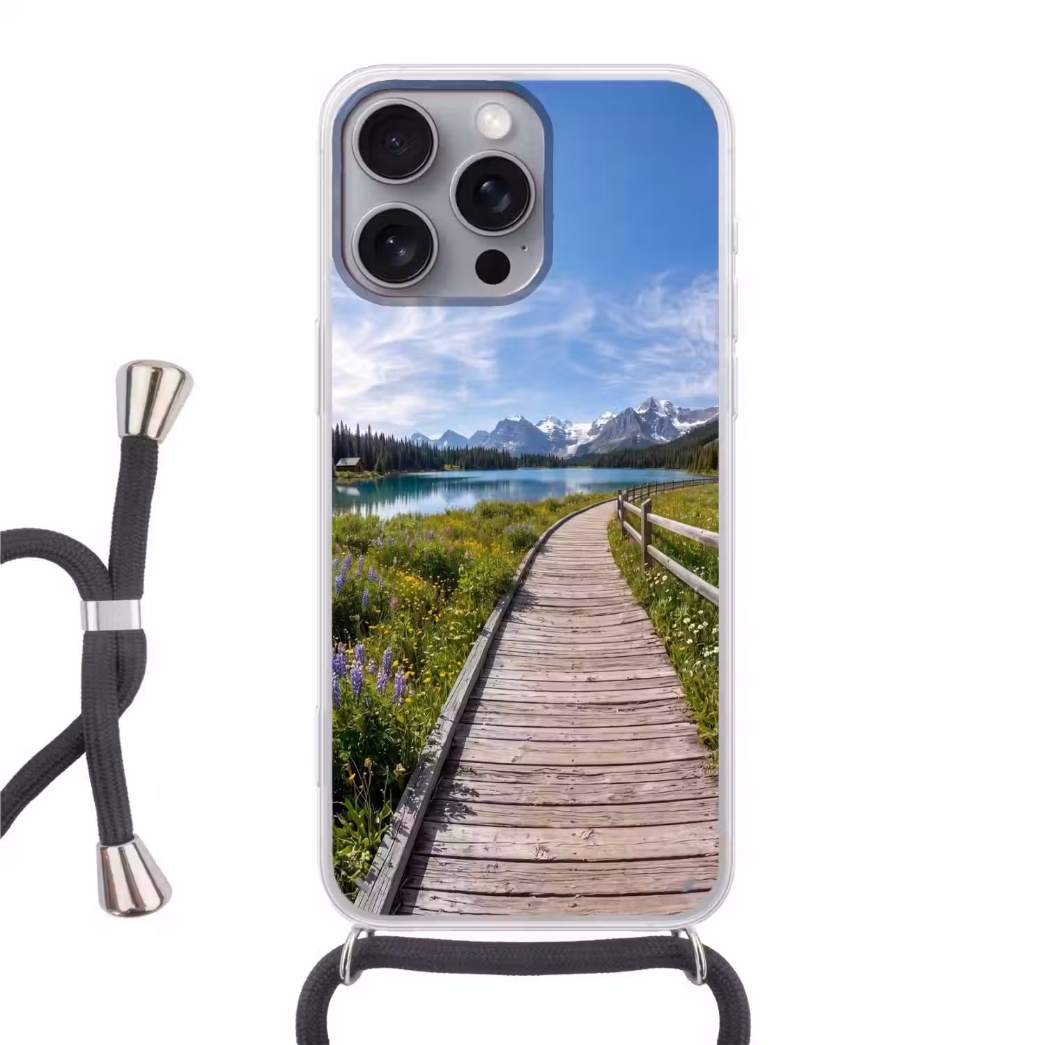 Bergen - Meer - Landschap - Blauw Hoesje iPhone 16 Pro Max met koord klein -3d