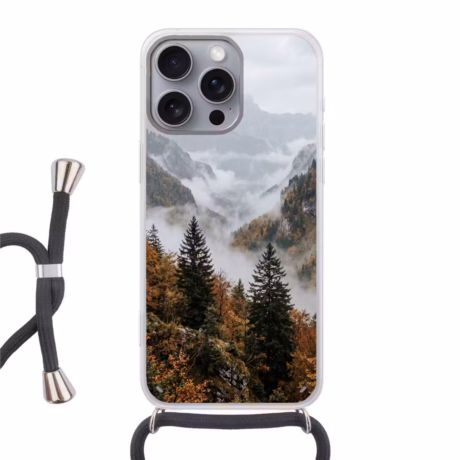 Bergen - Vallei - Mist - Herfst - Natuur Hoesje iPhone 16 Pro Max met koord klein -3d