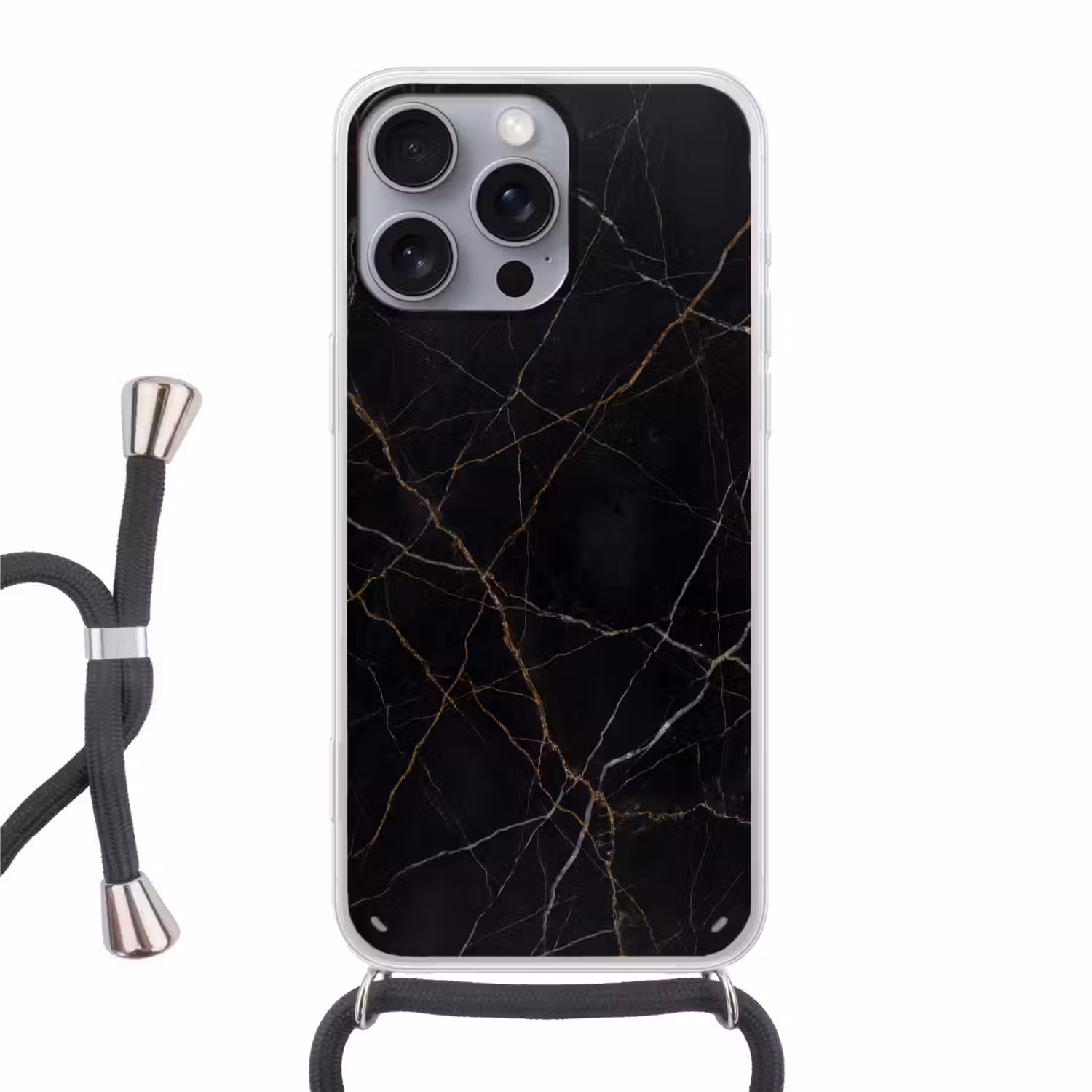 Natuursteen - Marmerpatroon - Abstract - Modern - Zwart - Goud Hoesje iPhone 16 Pro Max met koord klein -3d