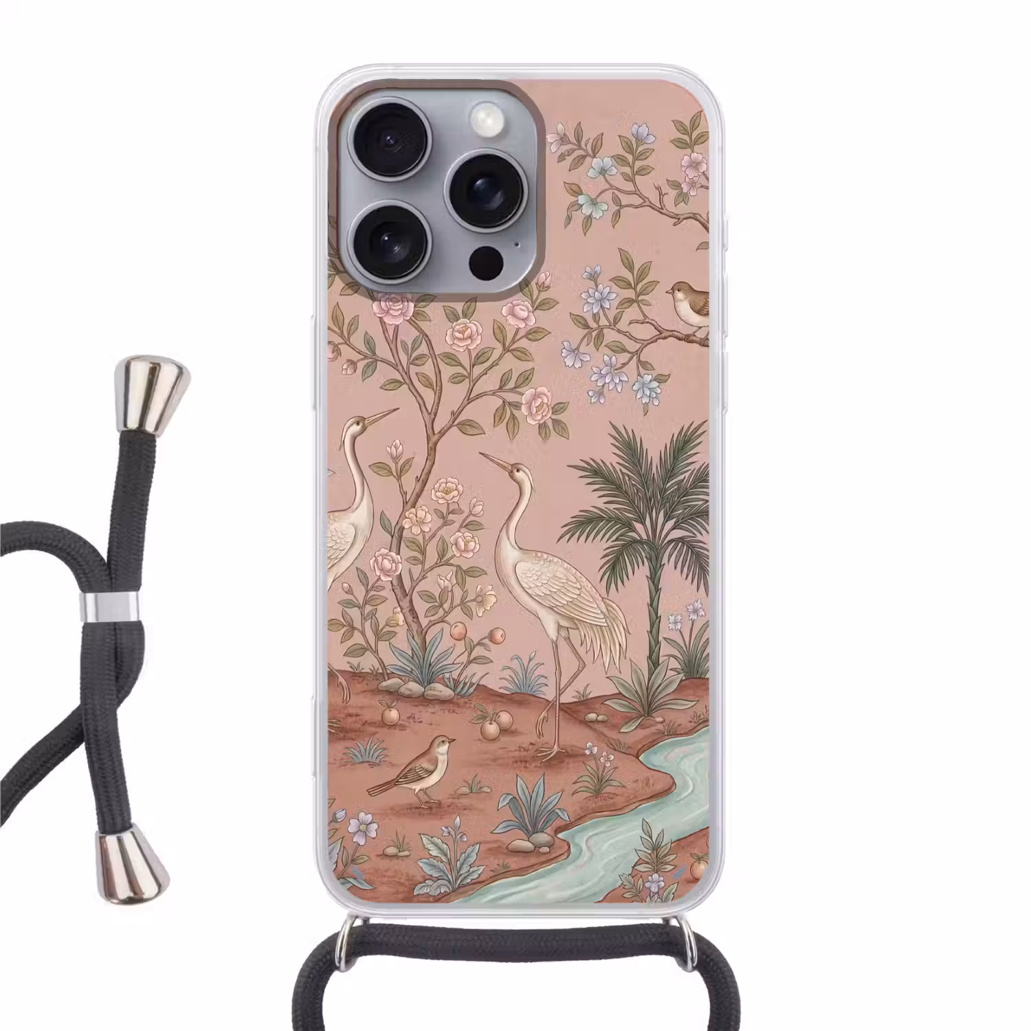 Nostalgisch - Reigers - Roze Hoesje iPhone 16 Pro Max met koord klein -3d