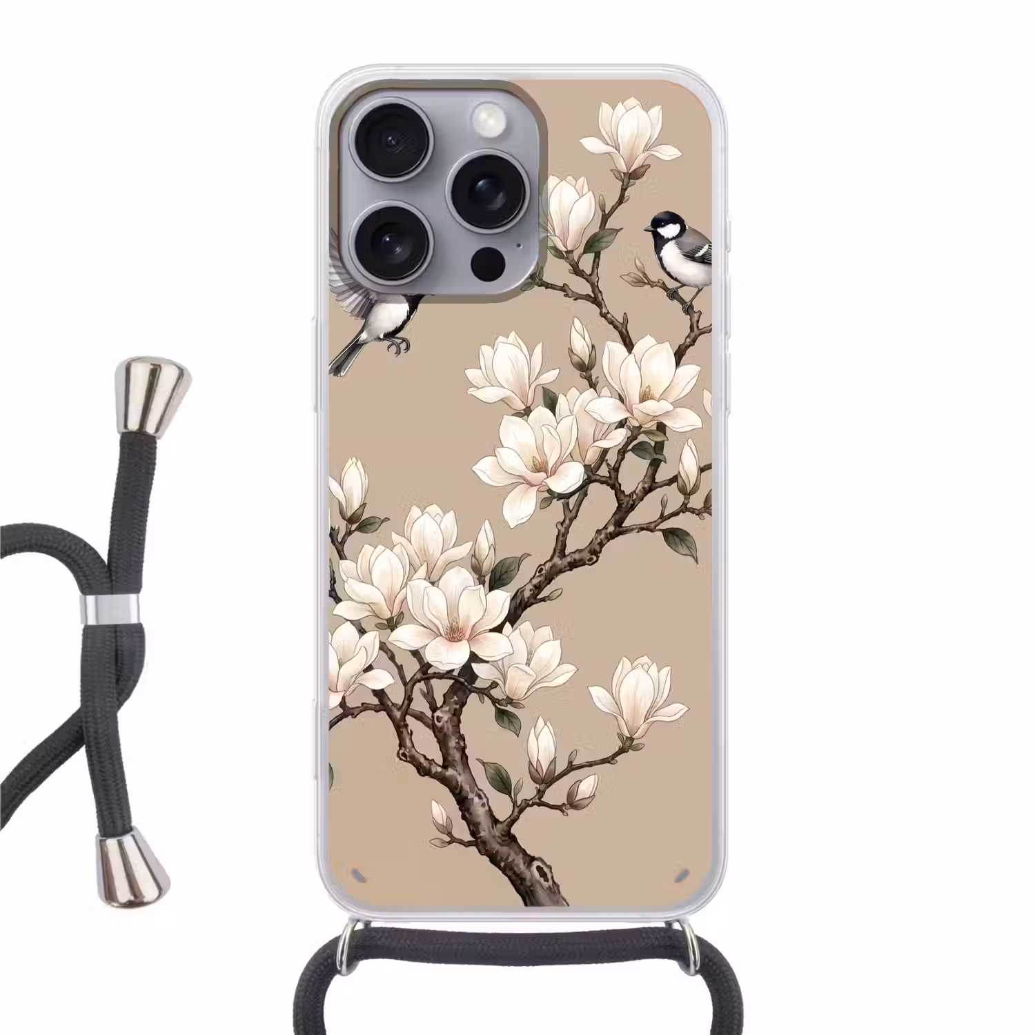 Oosters - Vogels - Beige Hoesje iPhone 16 Pro Max met koord klein -3d