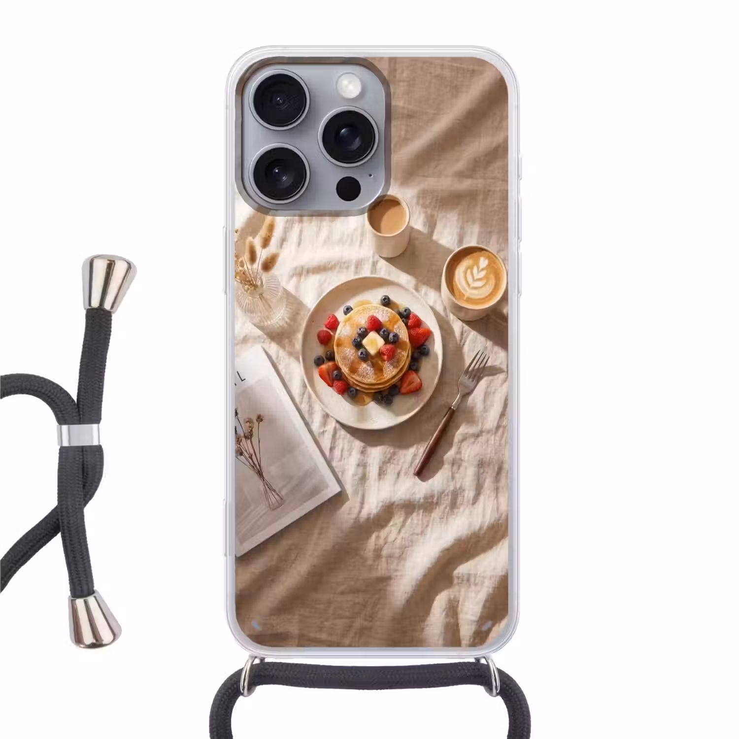 Pannenkoeken - Bessen - Ontbijt - Modern - Beige Hoesje iPhone 16 Pro Max met koord klein -3d