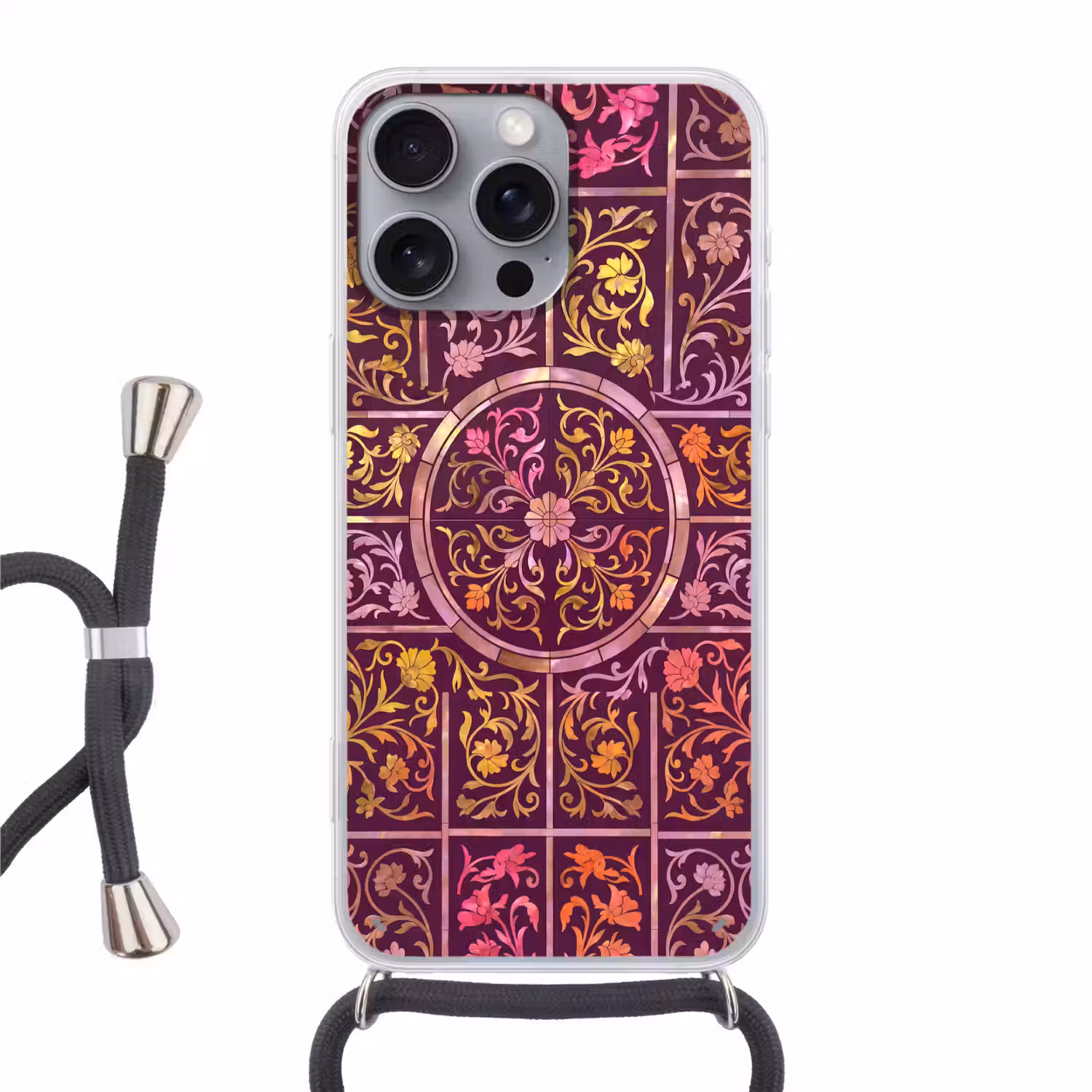 Patroon - Floraal - Oosters - Paars - Goud Hoesje iPhone 16 Pro Max met koord klein -3d