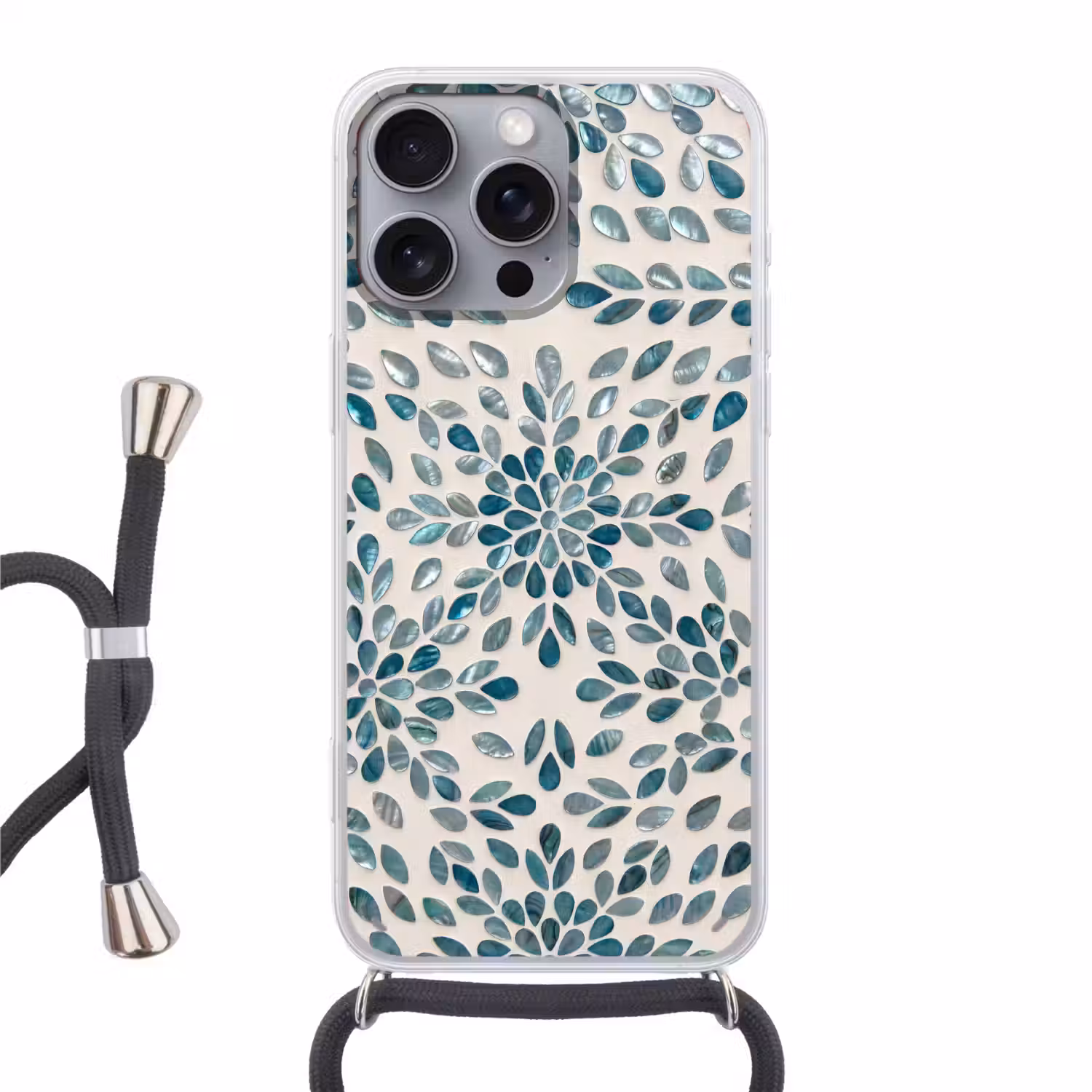 Patroon - Bladeren - Abstract - Modern - Turquoise Hoesje iPhone 16 Pro Max met koord klein -3d
