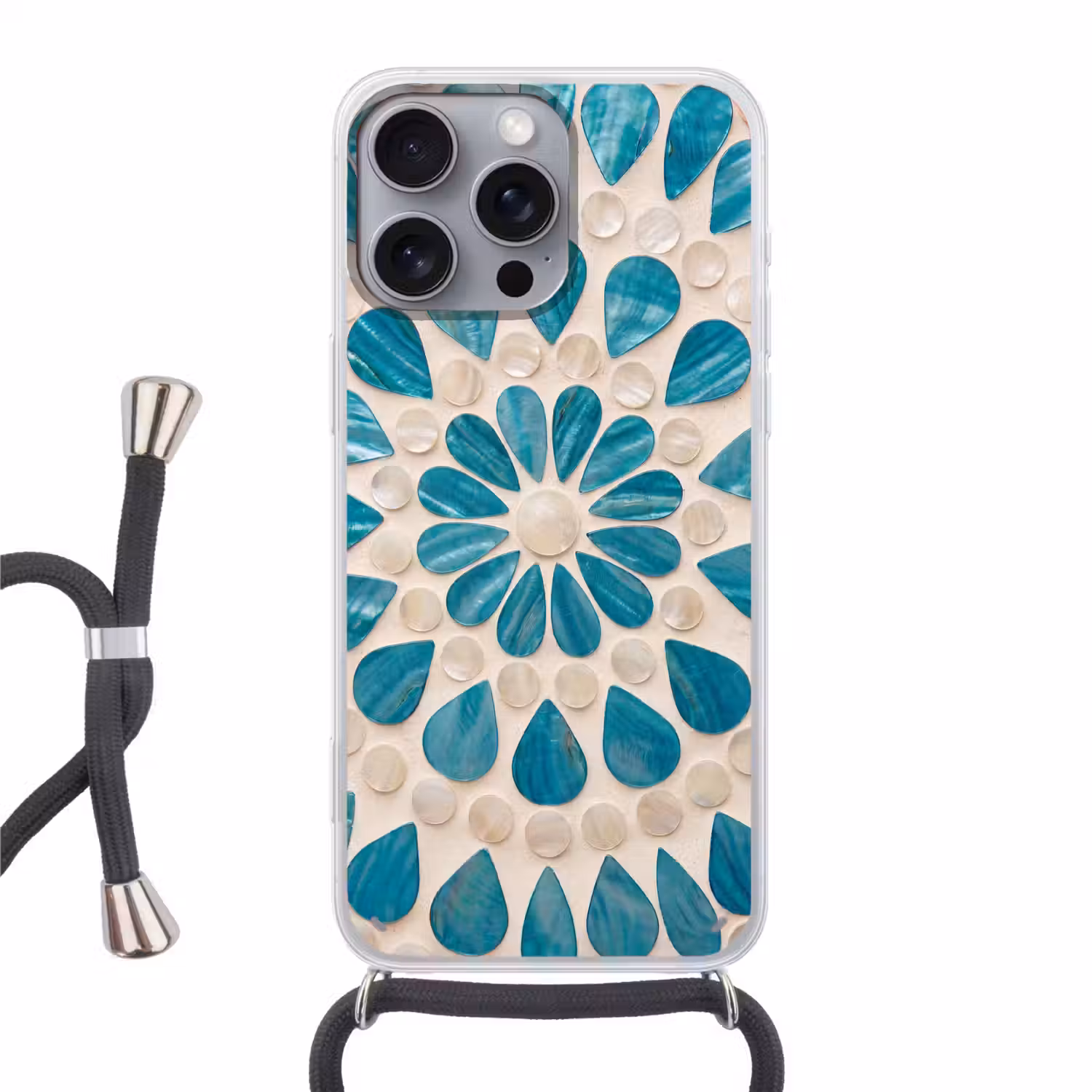 Patroon - Mozaïek - Schelpen - Abstract - Turquoise Hoesje iPhone 16 Pro Max met koord klein -3d