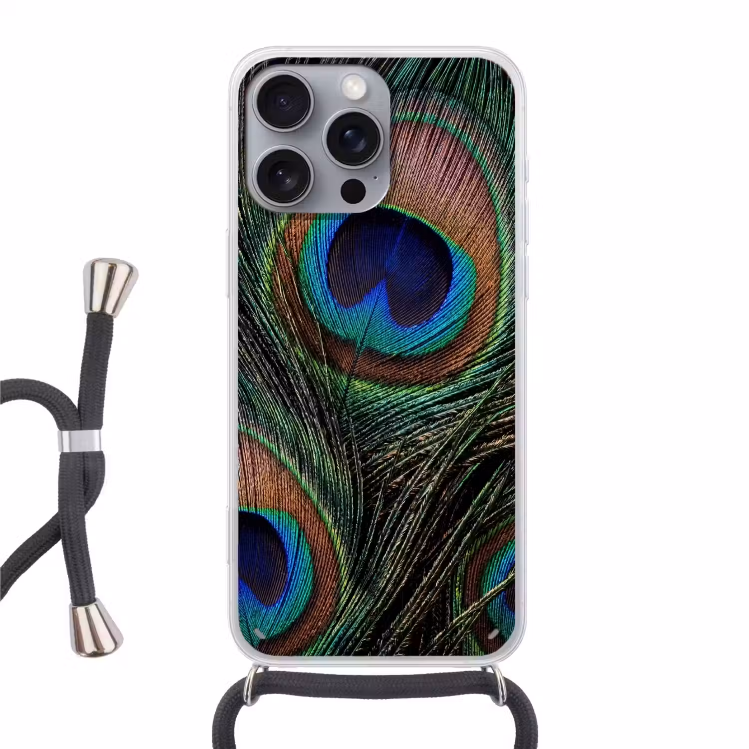 Pauwenveren - Klassiek - Groen Hoesje iPhone 16 Pro Max met koord klein -3d