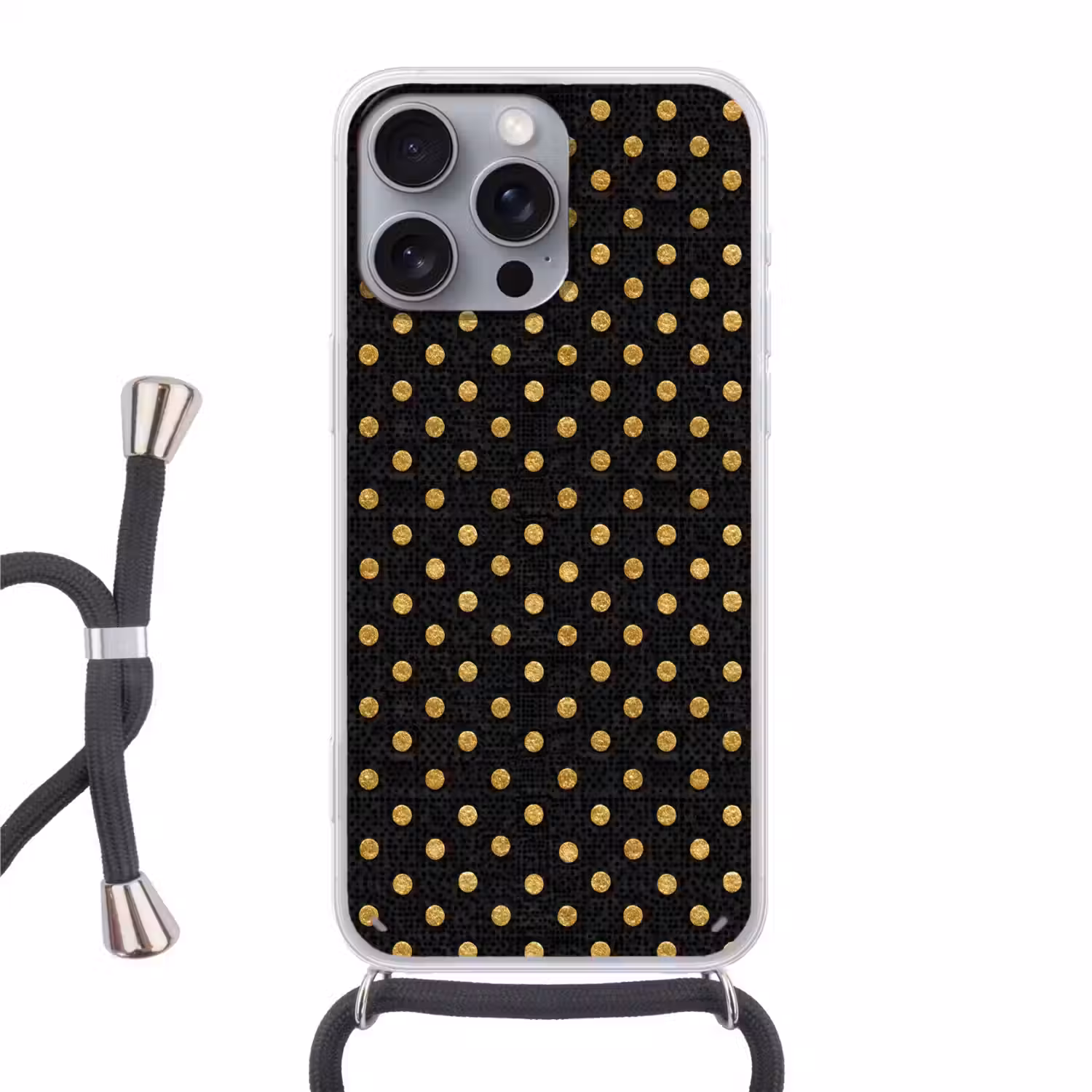 Polka Dot - Stippen - Goud - Zwart Hoesje iPhone 16 Pro Max met koord klein 804 -3d
