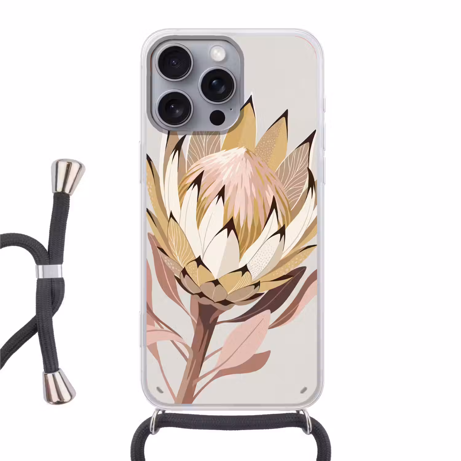 Protea - Bloem - Botanisch - Beige Hoesje iPhone 16 Pro Max met koord klein -3d