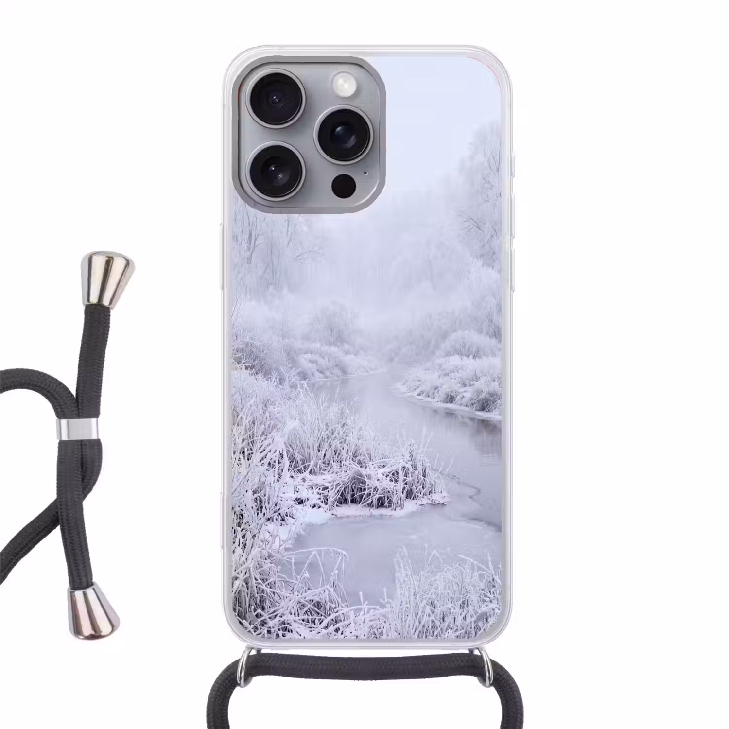 Rivier - Sneeuw - Bos - Winter - Schilderachtig Hoesje iPhone 16 Pro Max met koord klein -3d