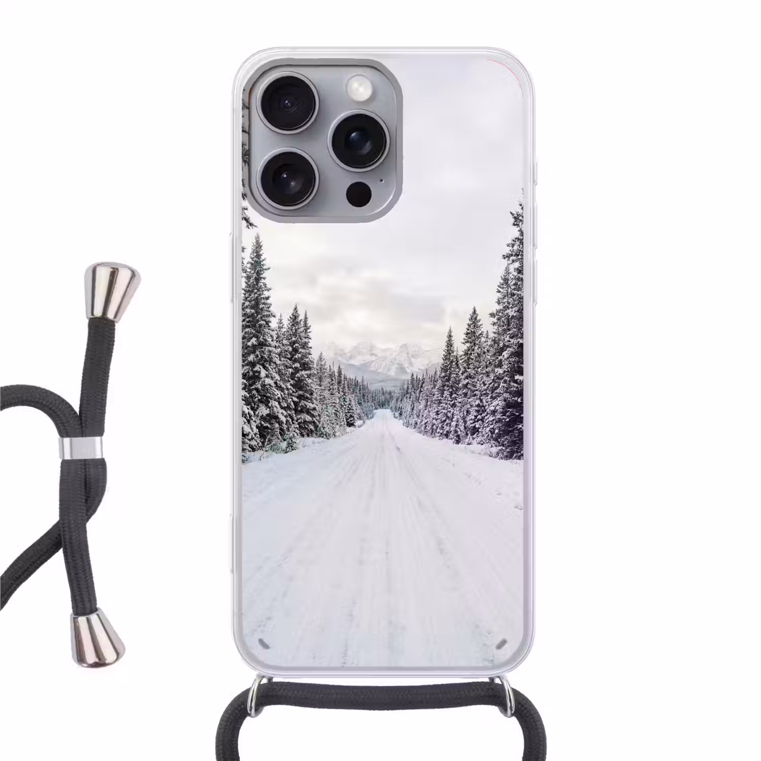 Weg - Sneeuw - Naaldbos - Winter - Avontuurlijk Hoesje iPhone 16 Pro Max met koord klein -3d