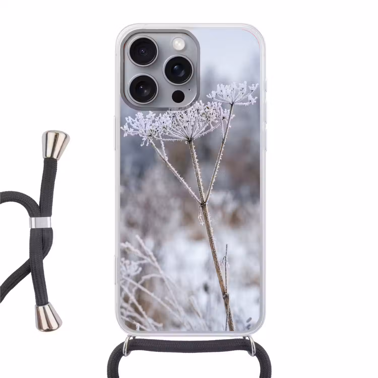 Schermbloem - Rijp - Kristallen - Winter - Delicaat Hoesje iPhone 16 Pro Max met koord klein -3d