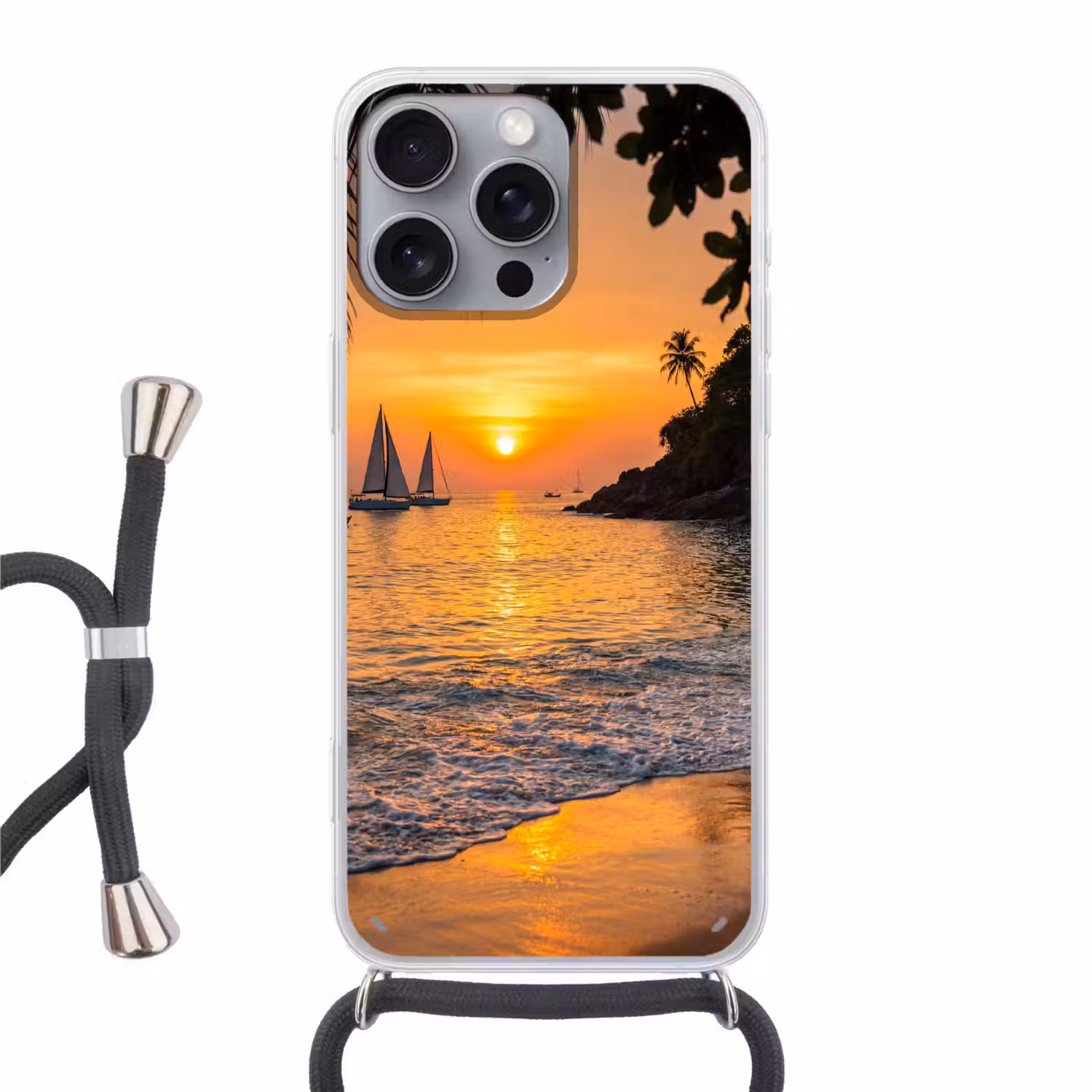 Zee - Zonsondergang - Boot - Natuur - Oranje Hoesje iPhone 16 Pro Max met koord klein -3d