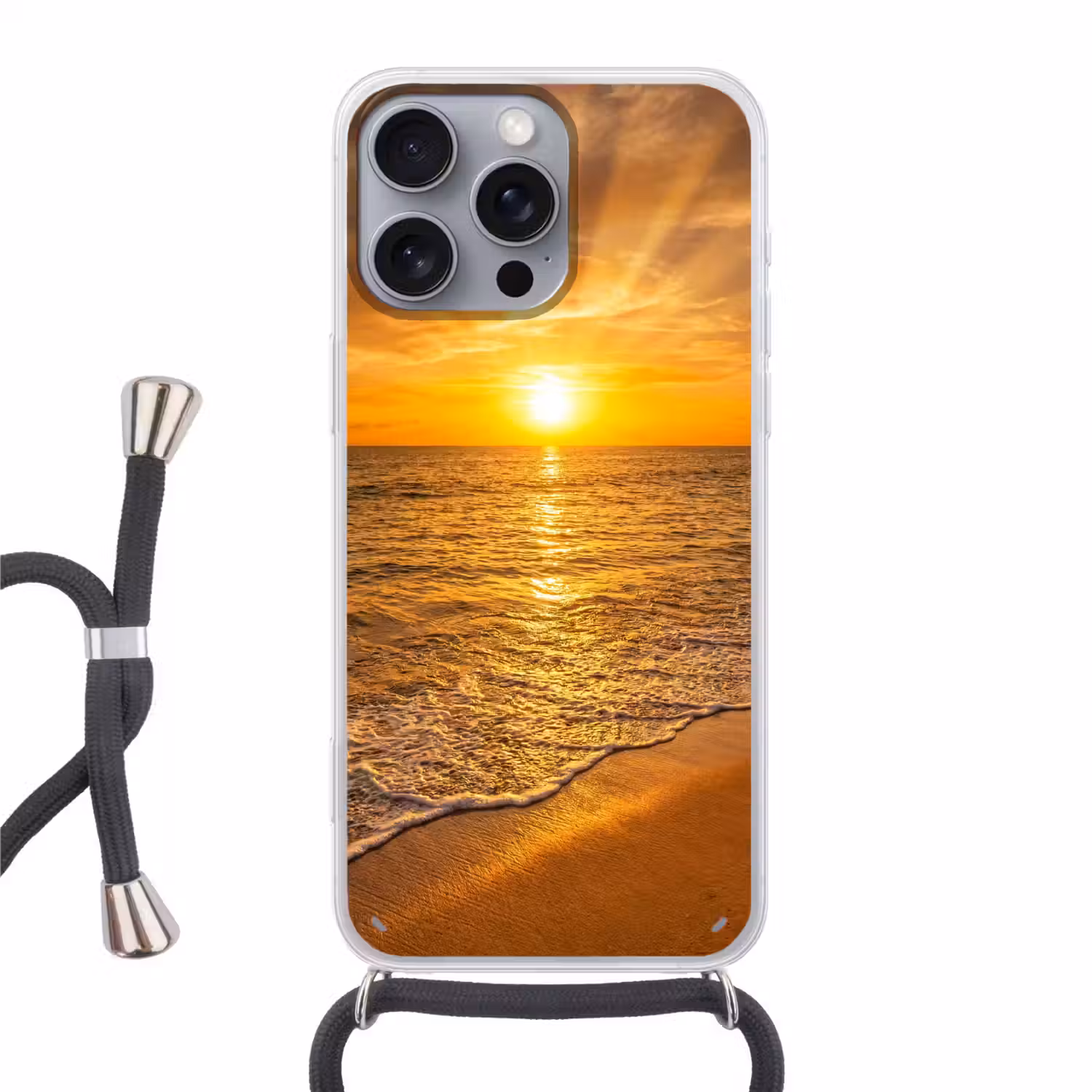 Zee - Zonsondergang - Golven - Kust - Oranje Hoesje iPhone 16 Pro Max met koord klein -3d