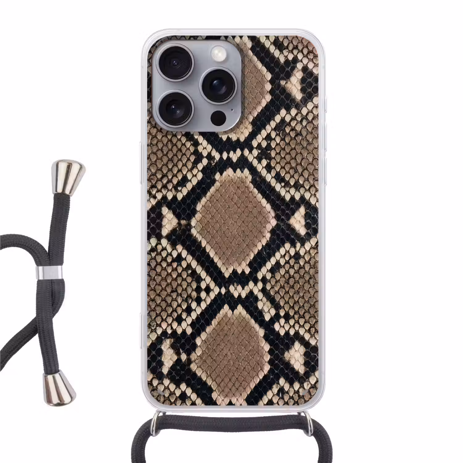 Slangenprint - Python - Bruin Hoesje iPhone 16 Pro Max met koord klein -3d