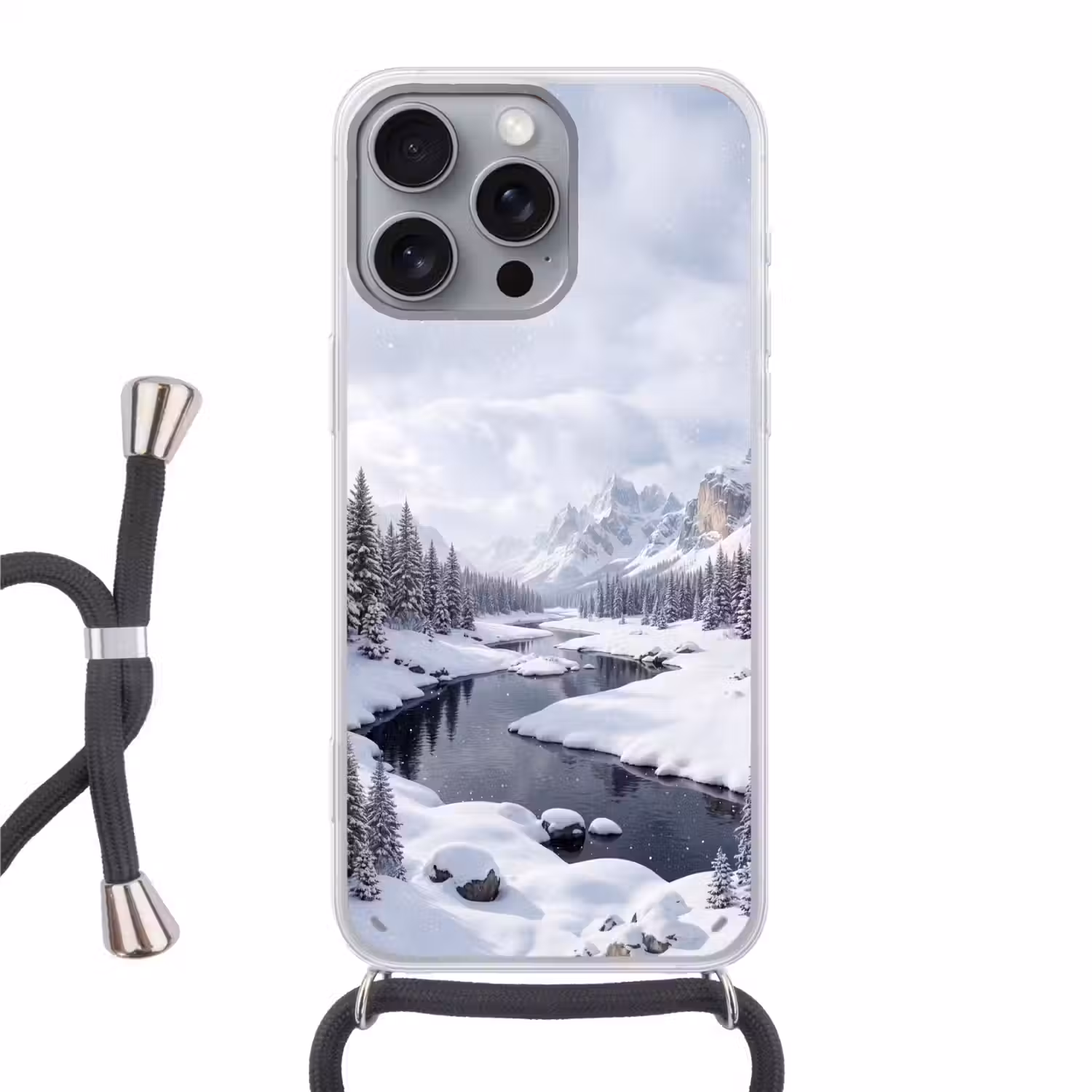Sneeuwlandschap - Bergen - Rivier - Winter Hoesje iPhone 16 Pro Max met koord klein -3d