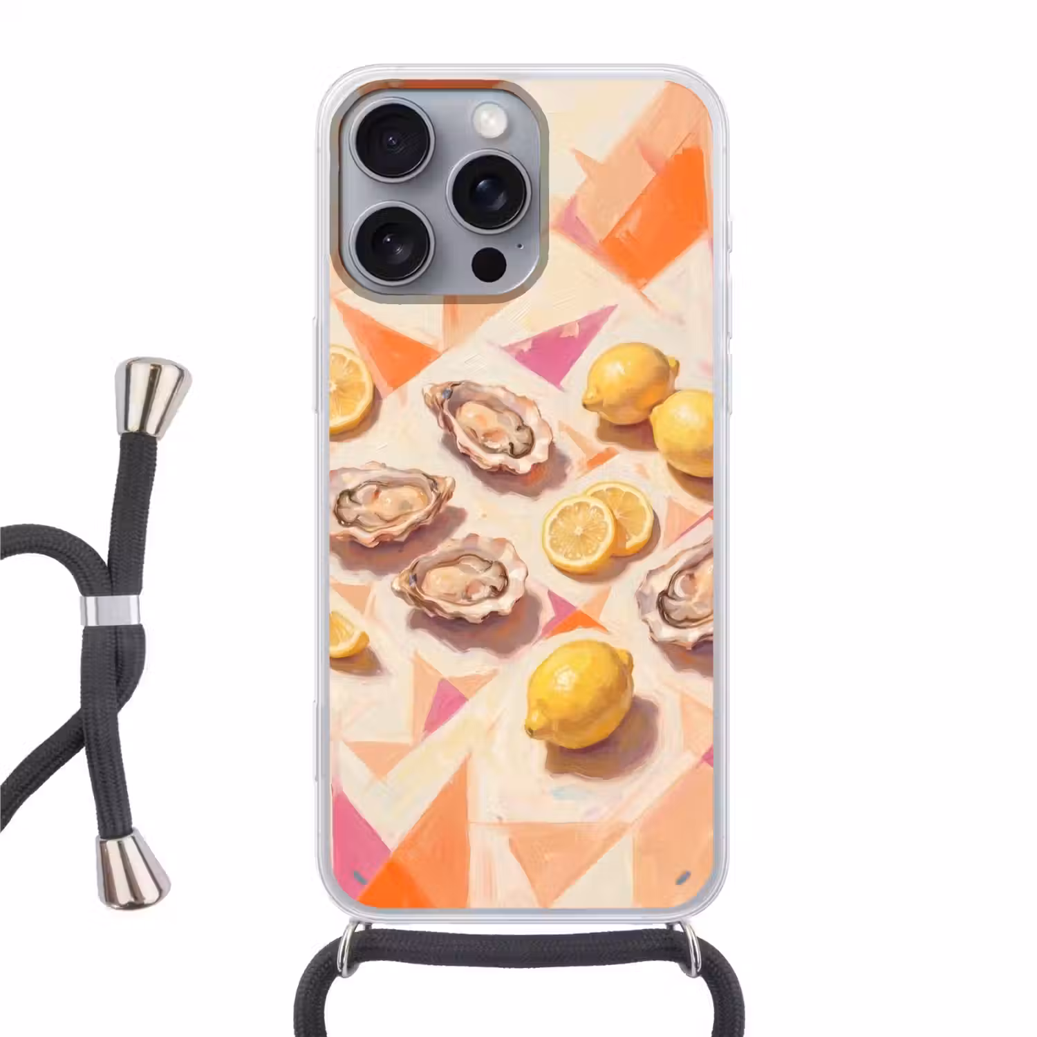 Stilleven - Citroenen - Oesters - Abstract - Oranje Hoesje iPhone 16 Pro Max met koord klein -3d
