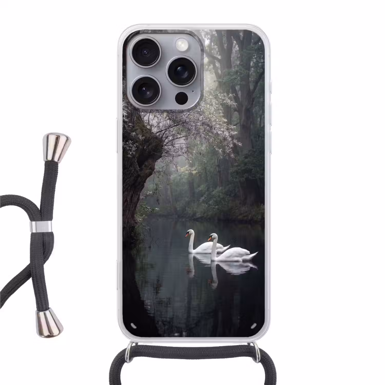 Zwanen - Rivier - Bos Hoesje iPhone 16 Pro Max met koord klein -3d