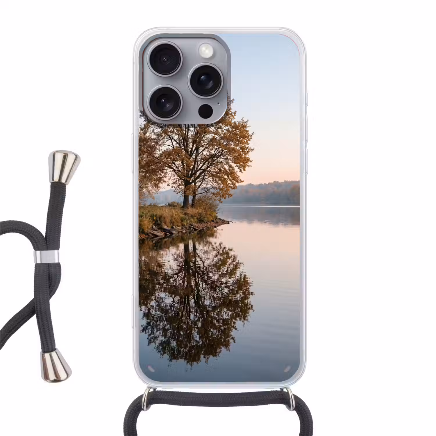 Bomen - Reflectie - Water - Zonsopgang - Serene Hoesje iPhone 16 Pro Max met koord klein -3d