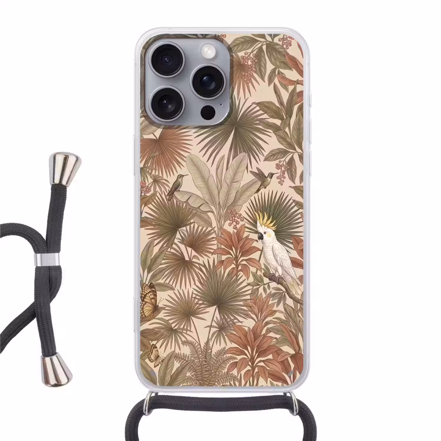 Tropisch - Vogels - Beige Hoesje iPhone 16 Pro Max met koord klein -3d