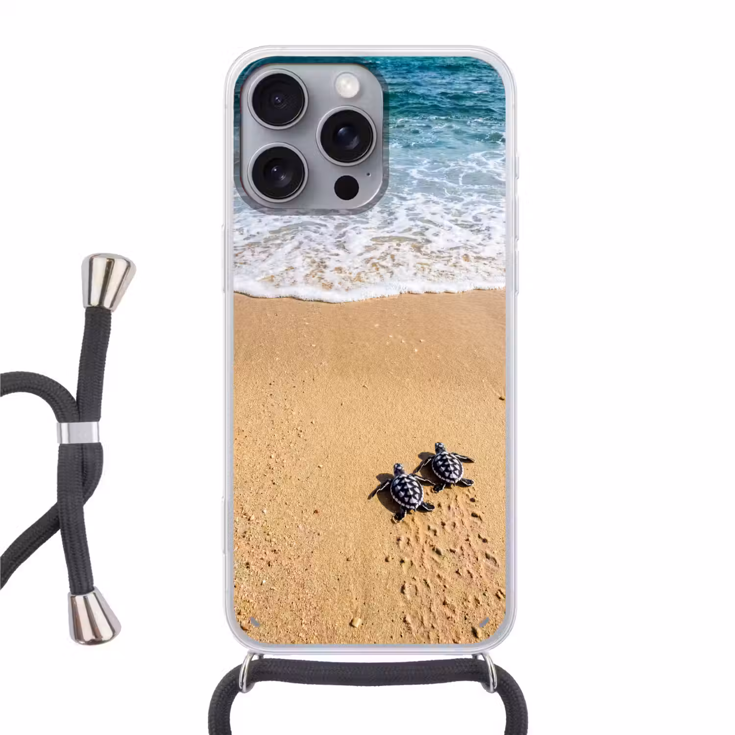 Schildpad - Jong - Strand - Oceaan - Blauw Hoesje iPhone 16 Pro Max met koord klein -3d